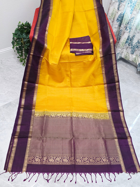 Pure Kanchi Soft Silk Saree Vintage Design Haldi Gold Purple Gap Border Blouse Piece