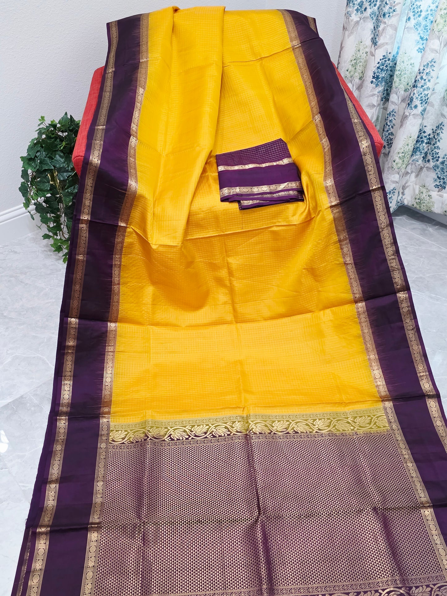 Pure Kanchi Soft Silk Saree Vintage Design Haldi Gold Purple Gap Border Blouse Piece