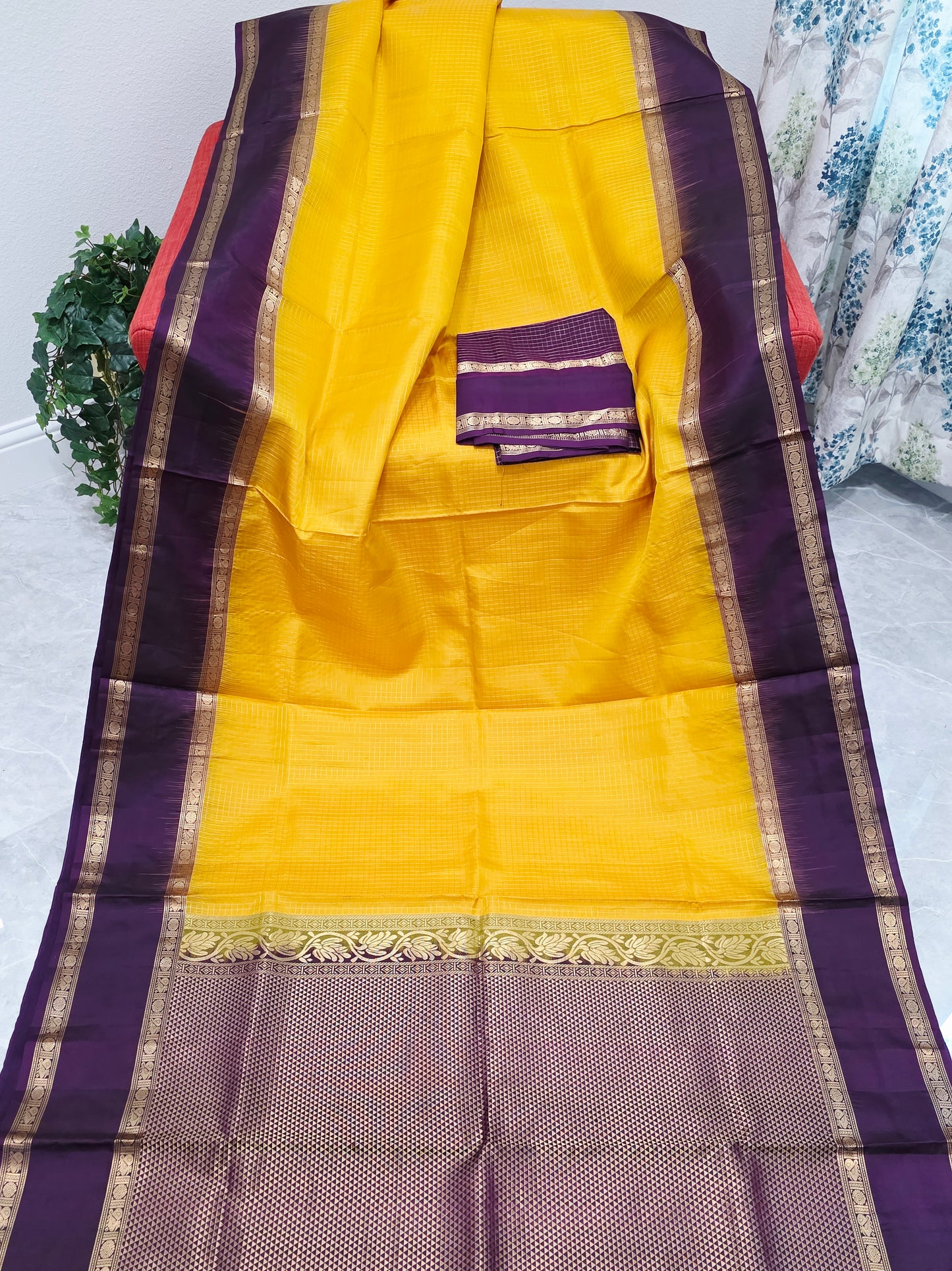 Pure Kanchi Soft Silk Saree Vintage Design Haldi Gold Purple Gap Border Blouse Piece