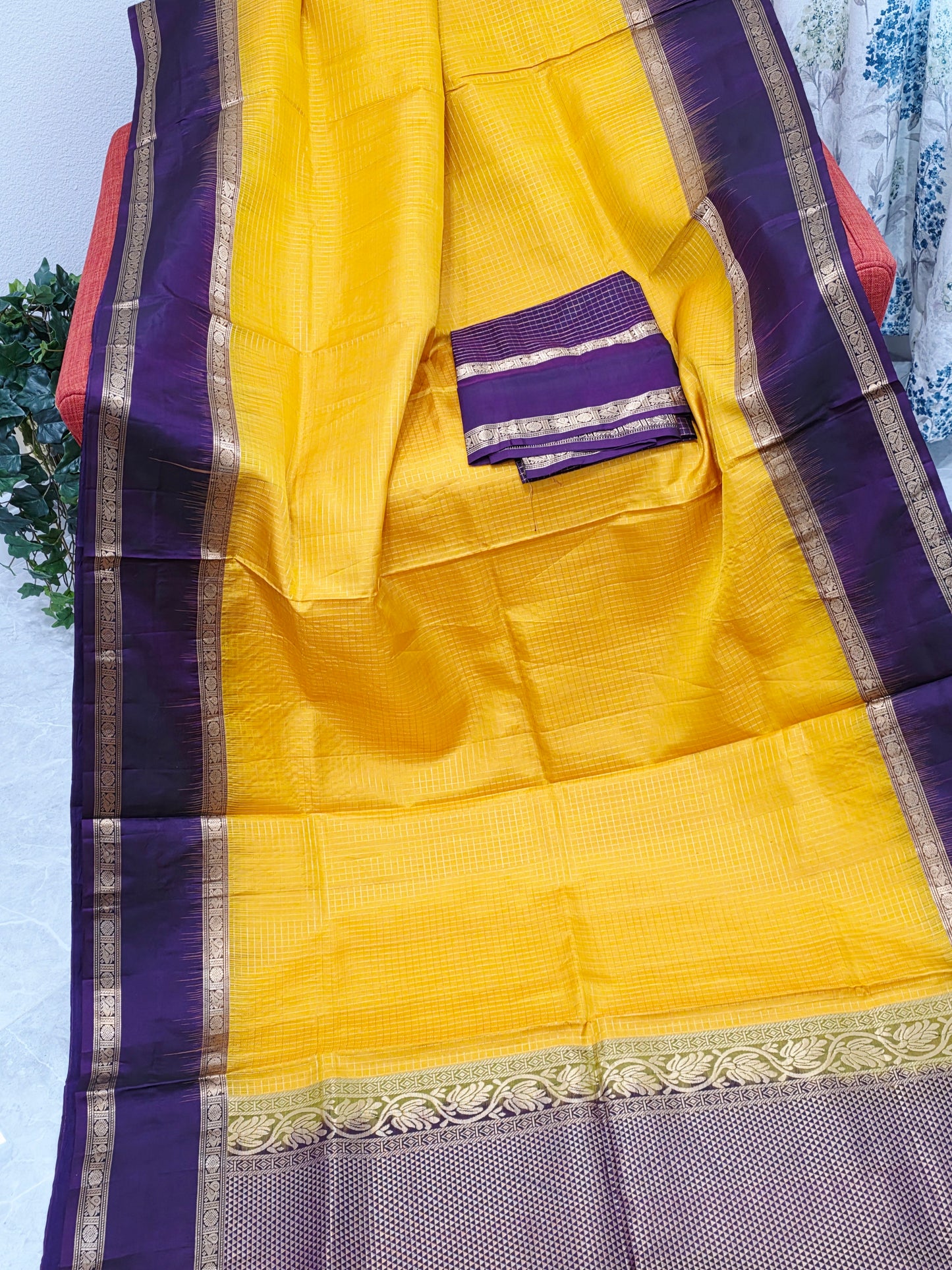 Pure Kanchi Soft Silk Saree Vintage Design Haldi Gold Purple Gap Border Blouse Piece