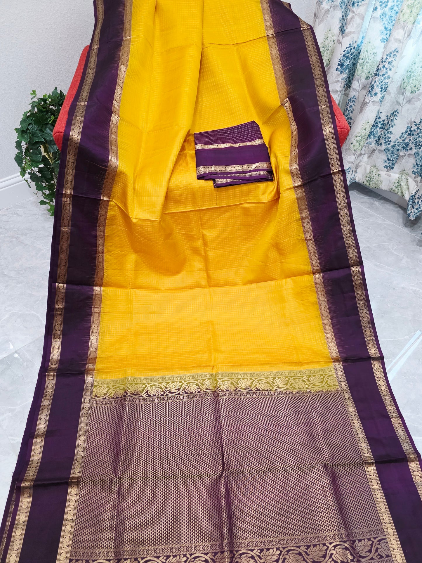 Pure Kanchi Soft Silk Saree Vintage Design Haldi Gold Purple Gap Border Blouse Piece