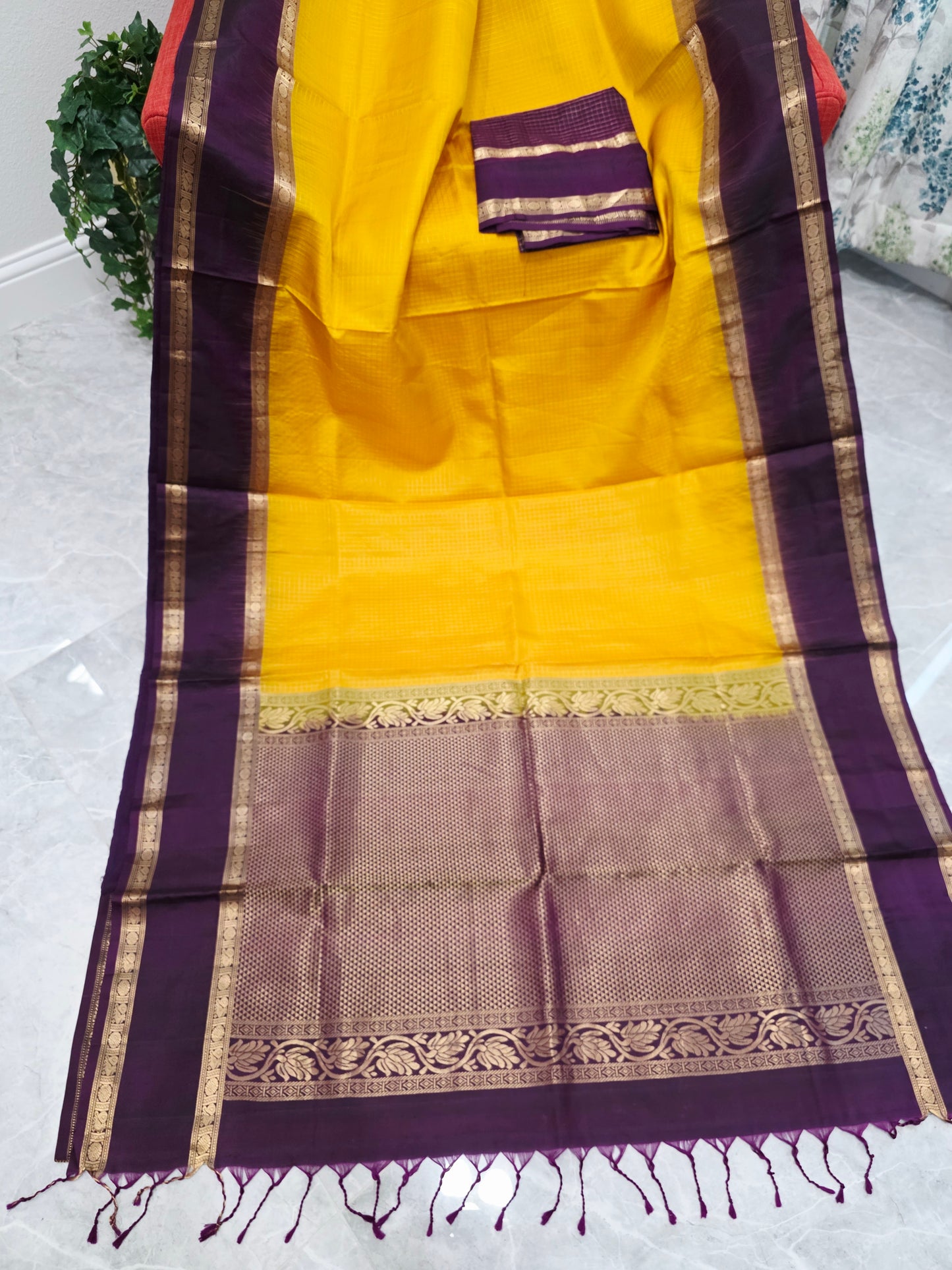 Pure Kanchi Soft Silk Saree Vintage Design Haldi Gold Purple Gap Border Blouse Piece