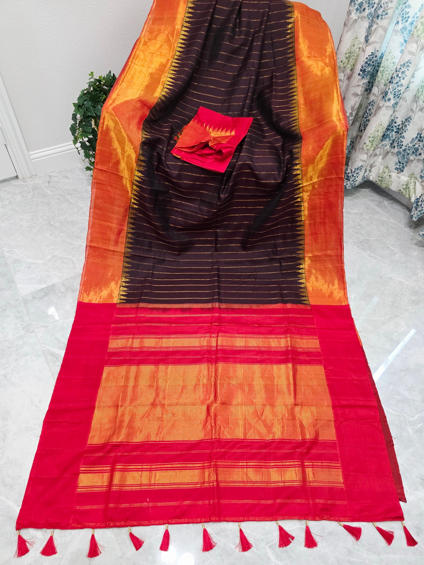 Espresso Brown Pure Gadwal Handloom Soft Silk Saree with Tissue Border & Temple Design