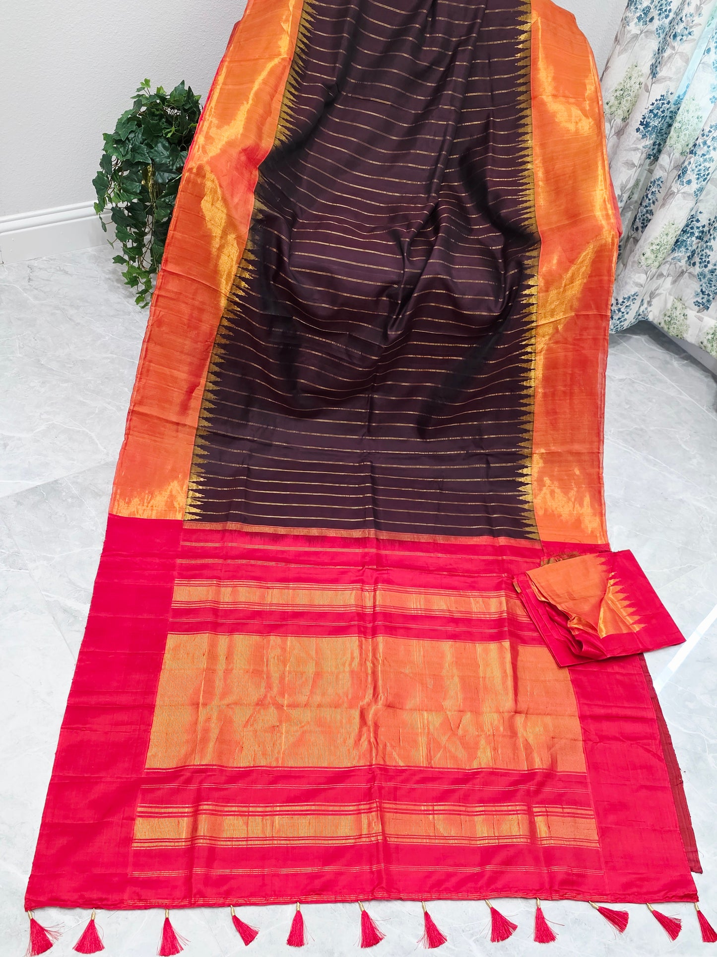 Espresso Brown Pure Gadwal Handloom Soft Silk Saree with Tissue Border & Temple Design