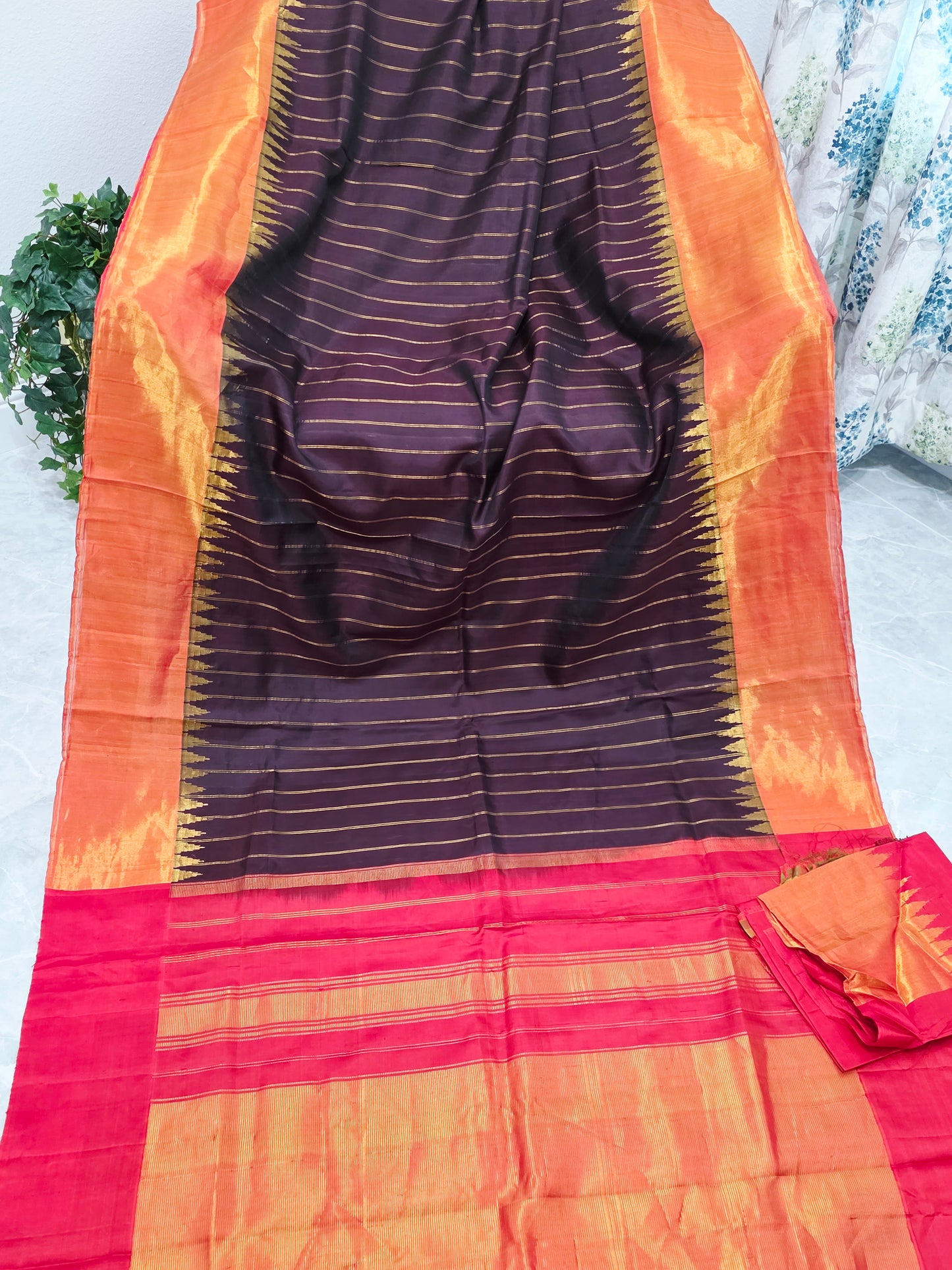 Espresso Brown Pure Gadwal Handloom Soft Silk Saree with Tissue Border & Temple Design