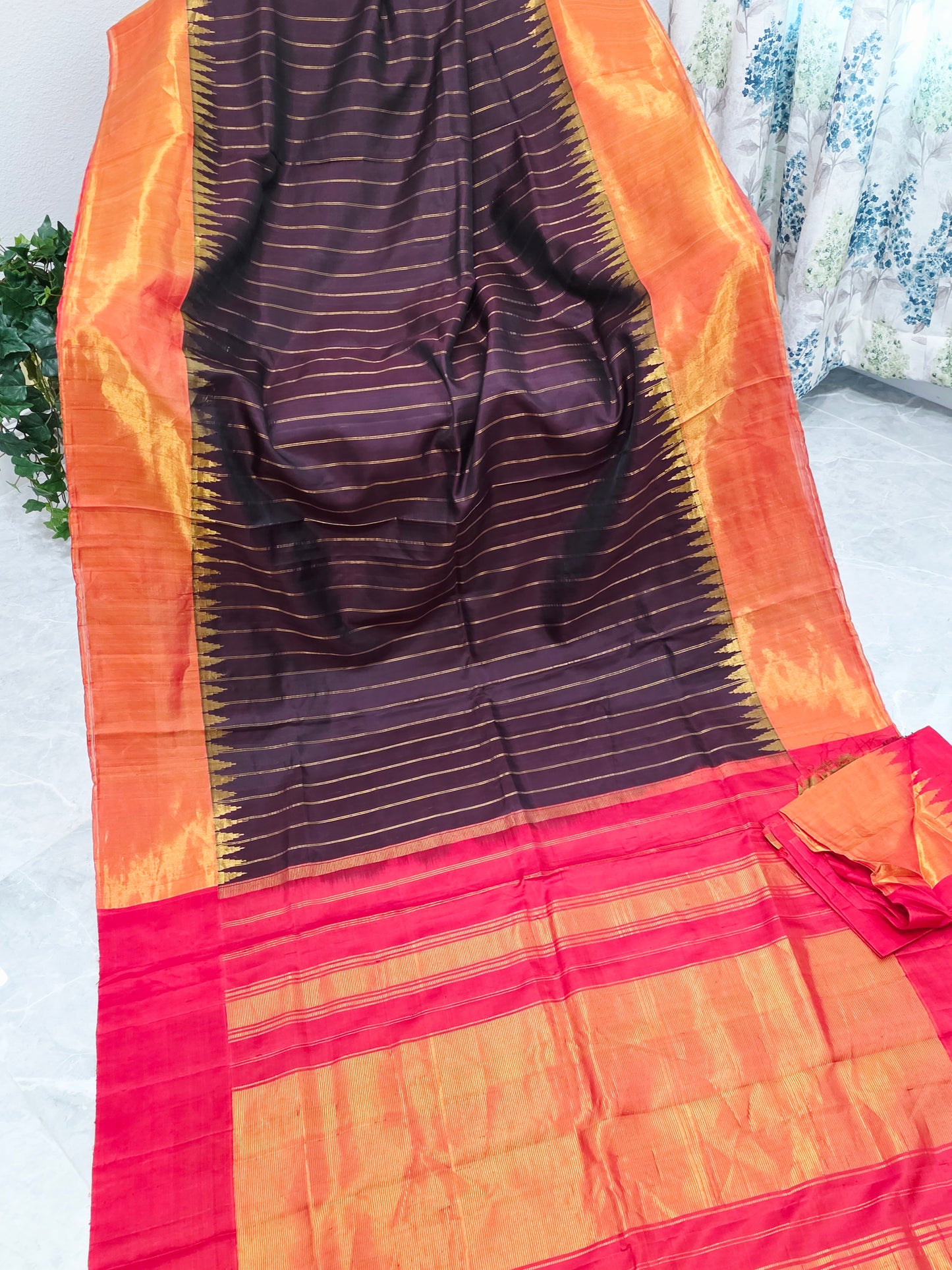 Espresso Brown Pure Gadwal Handloom Soft Silk Saree with Tissue Border & Temple Design