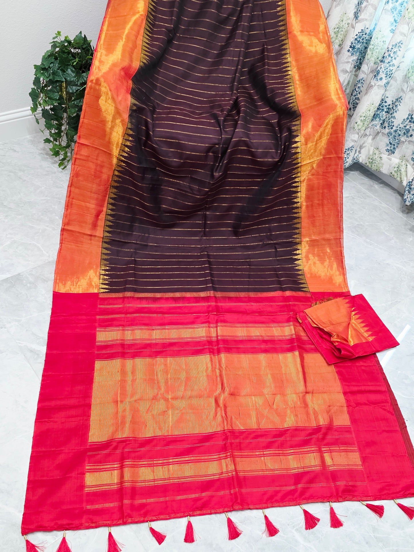 Espresso Brown Pure Gadwal Handloom Soft Silk Saree with Tissue Border & Temple Design