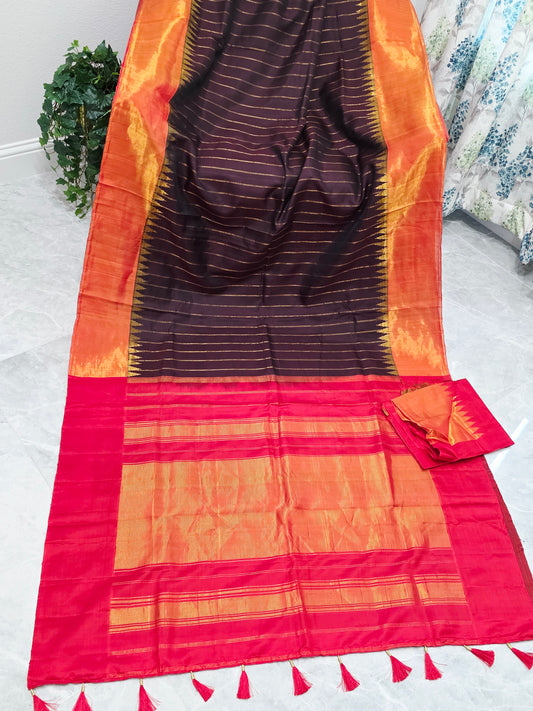 Espresso Brown Pure Gadwal Handloom Soft Silk Saree with Tissue Border & Temple Design