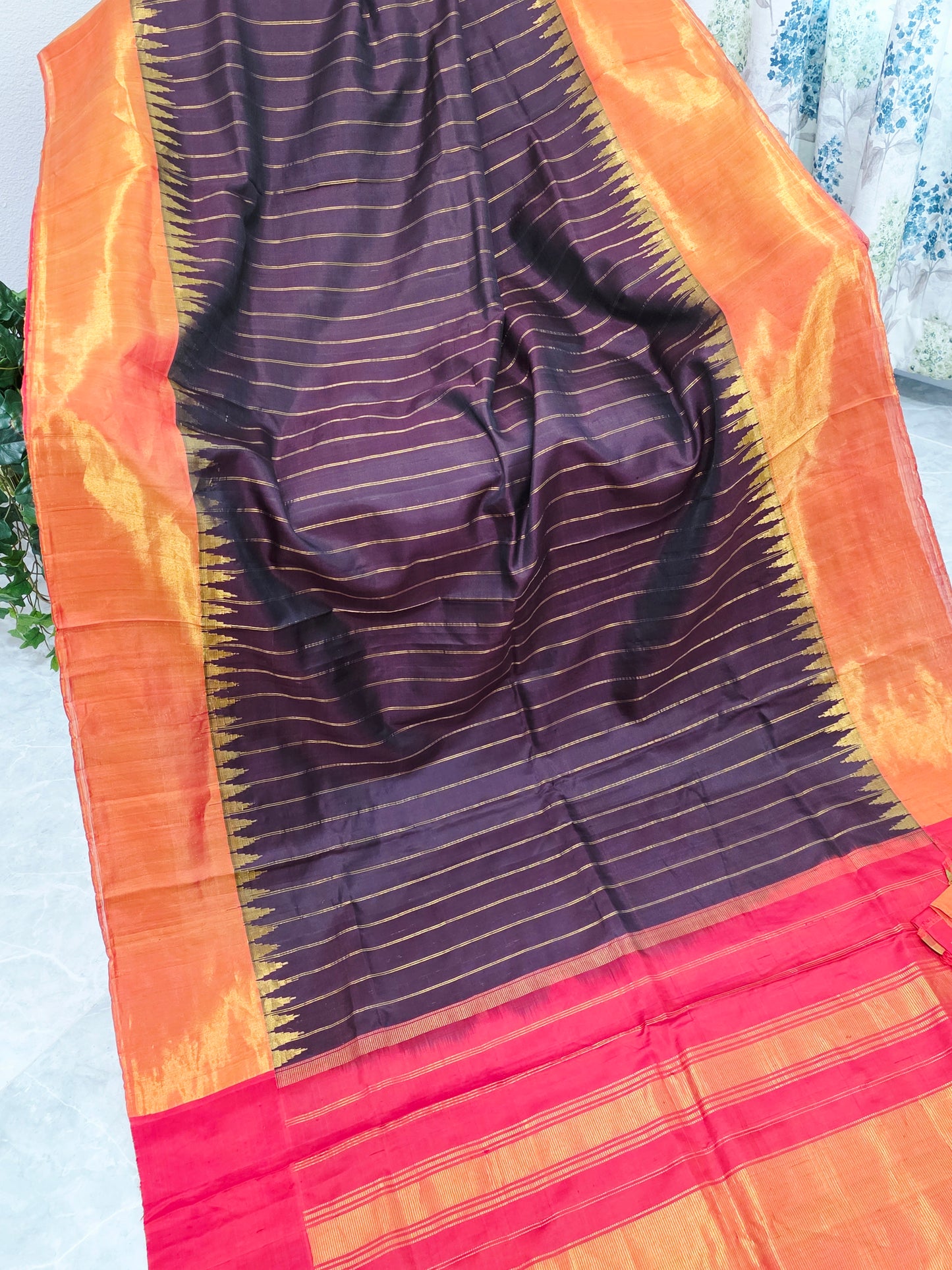 Espresso Brown Pure Gadwal Handloom Soft Silk Saree with Tissue Border & Temple Design