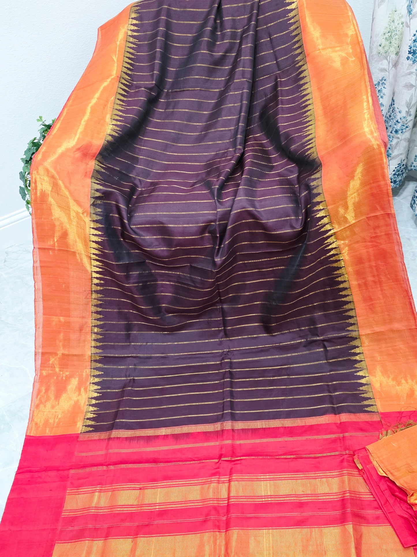 Espresso Brown Pure Gadwal Handloom Soft Silk Saree with Tissue Border & Temple Design