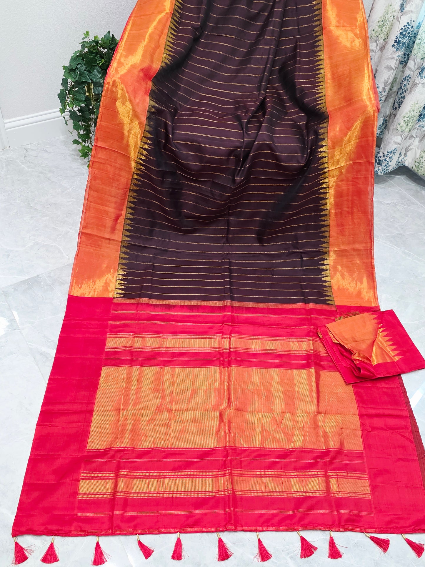 Espresso Brown Pure Gadwal Handloom Soft Silk Saree with Tissue Border & Temple Design