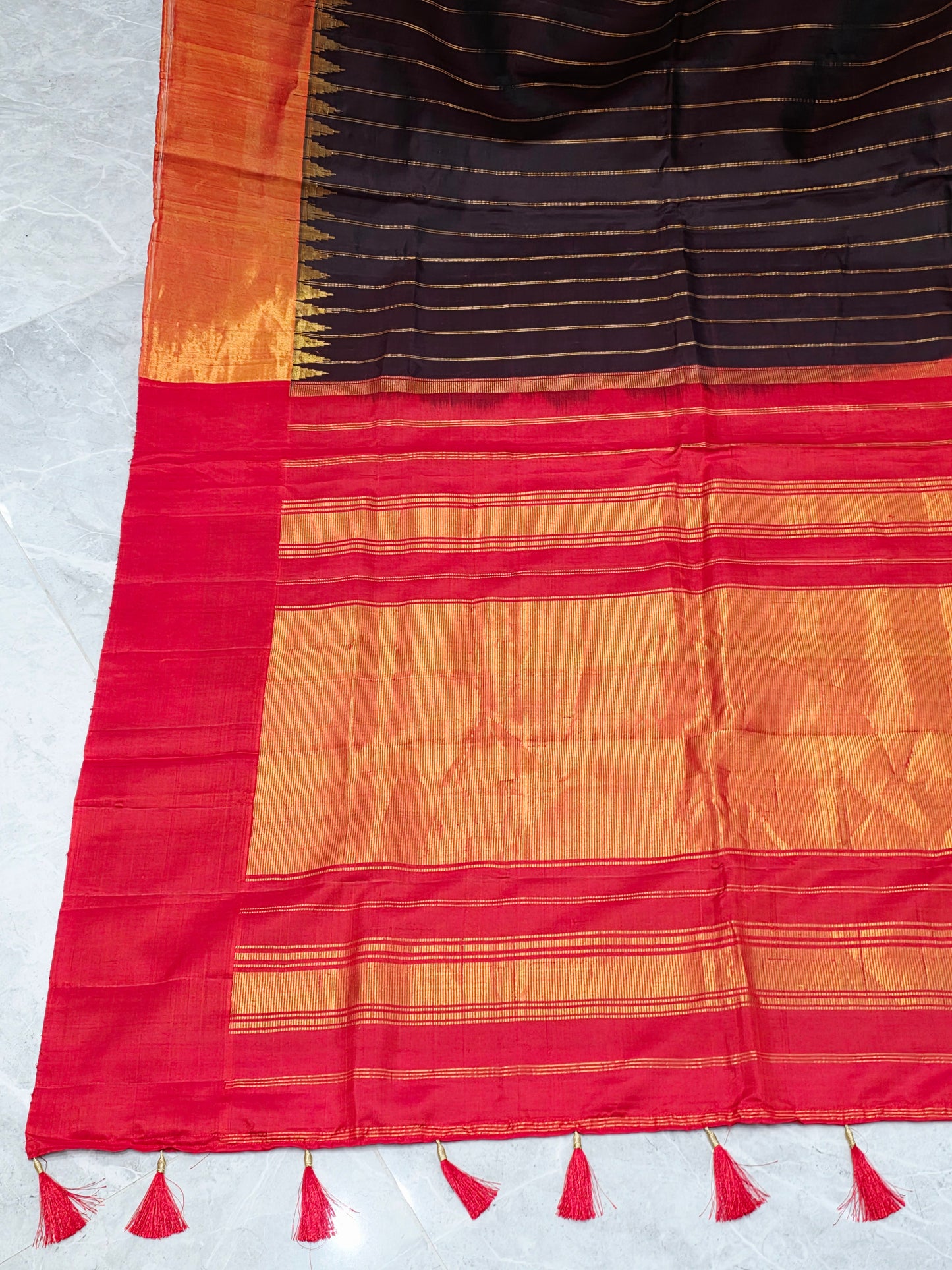 Espresso Brown Pure Gadwal Handloom Soft Silk Saree with Tissue Border & Temple Design