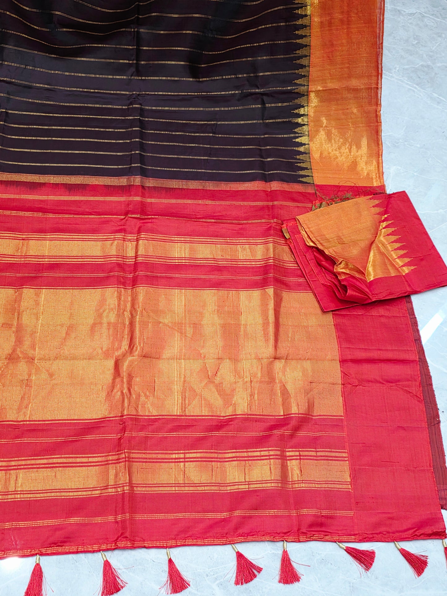 Espresso Brown Pure Gadwal Handloom Soft Silk Saree with Tissue Border & Temple Design