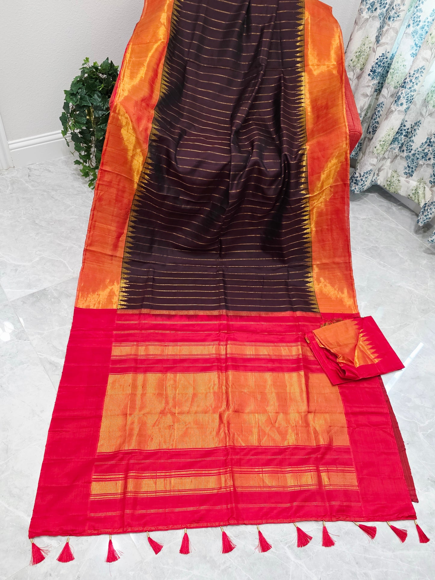 Espresso Brown Pure Gadwal Handloom Soft Silk Saree with Tissue Border & Temple Design