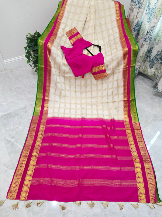 Ivory Gold & Fuchsia Pink Vintage Design Pure Mysore Crepe Silk Saree with Green Border Blouse