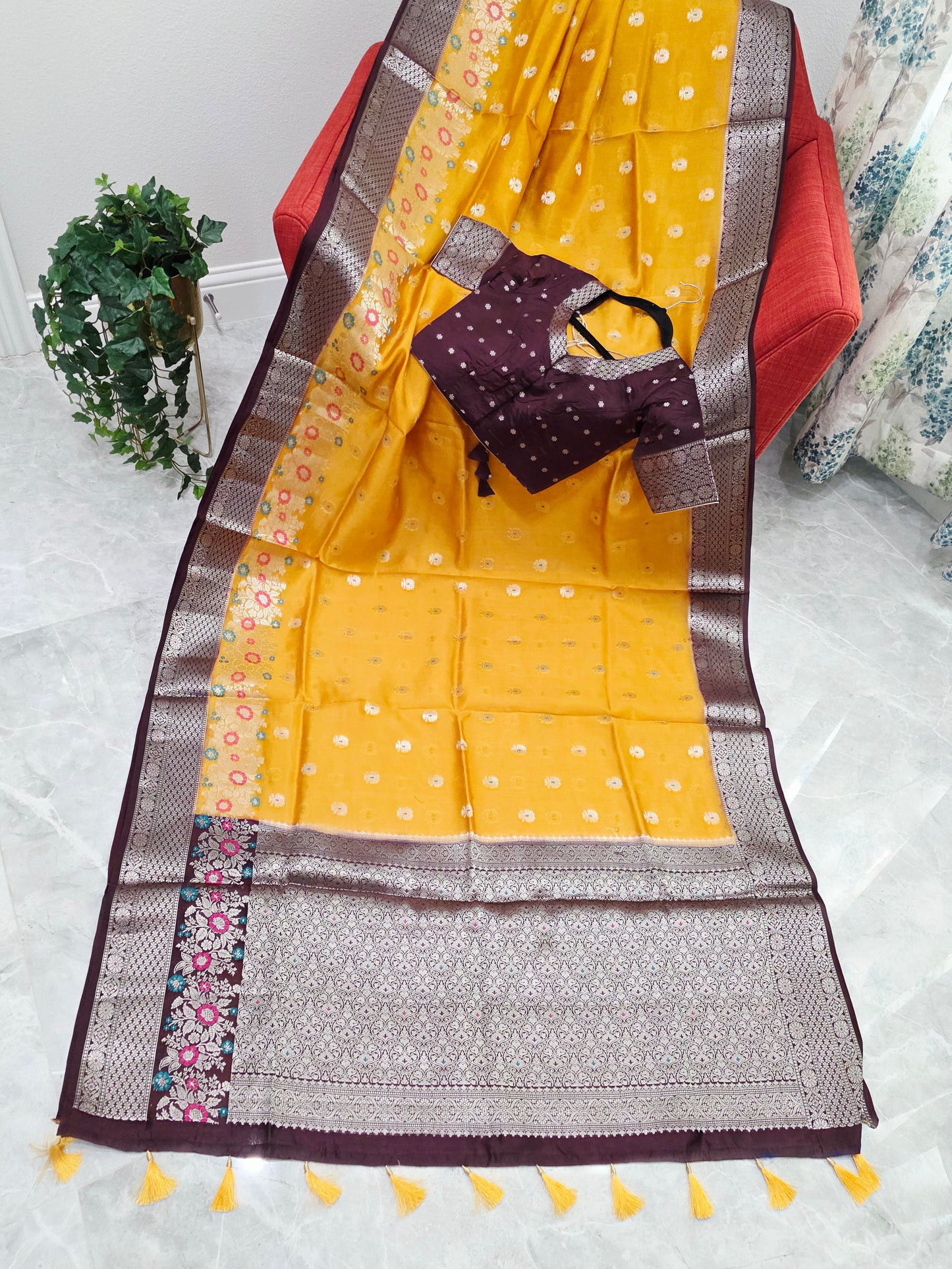 Haldi Gold Semi  Mango Silk Saree with Wine Brown Zari Border & Stitched Blouse