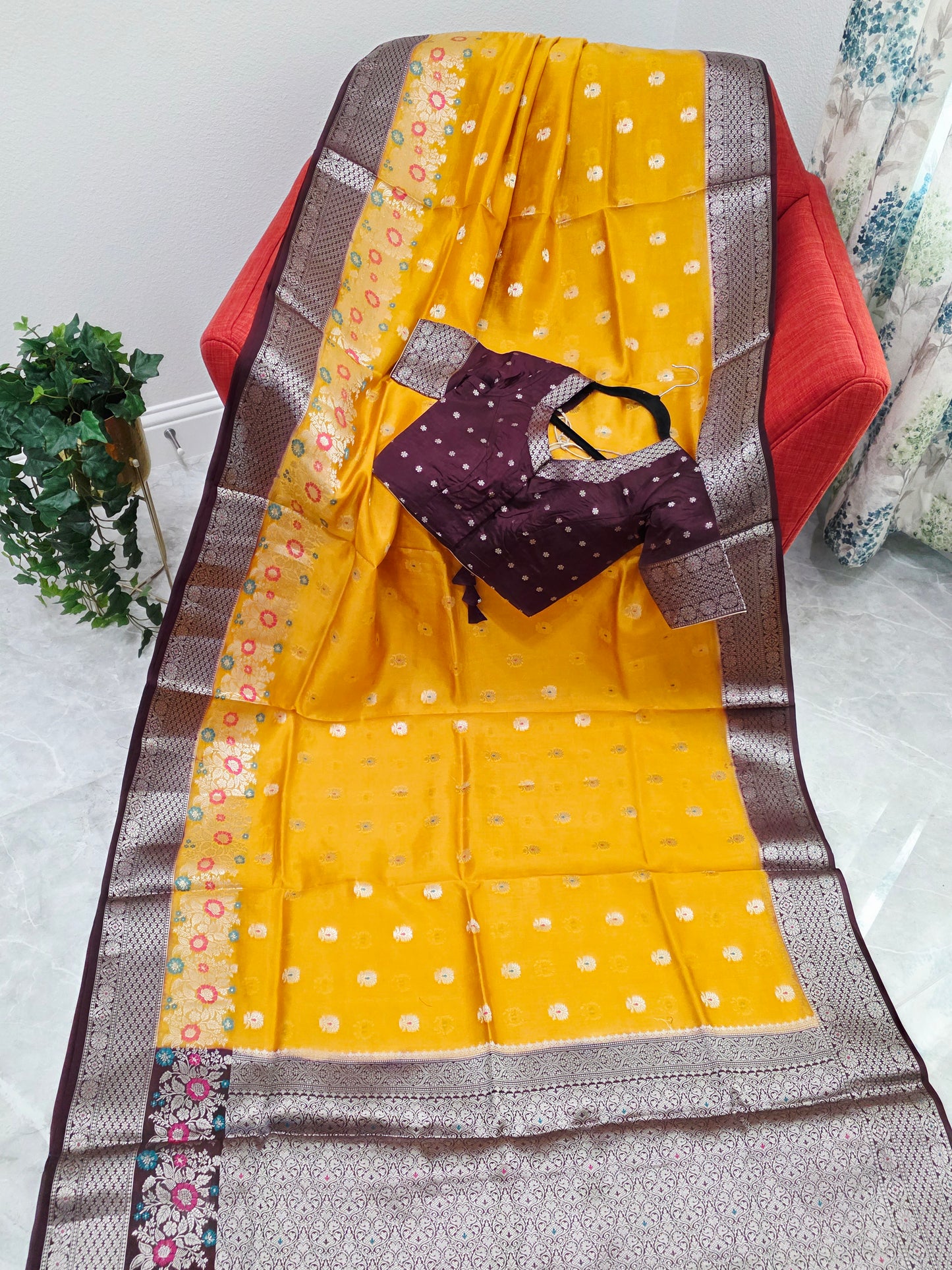 Haldi Gold Semi  Mango Silk Saree with Wine Brown Zari Border & Stitched Blouse
