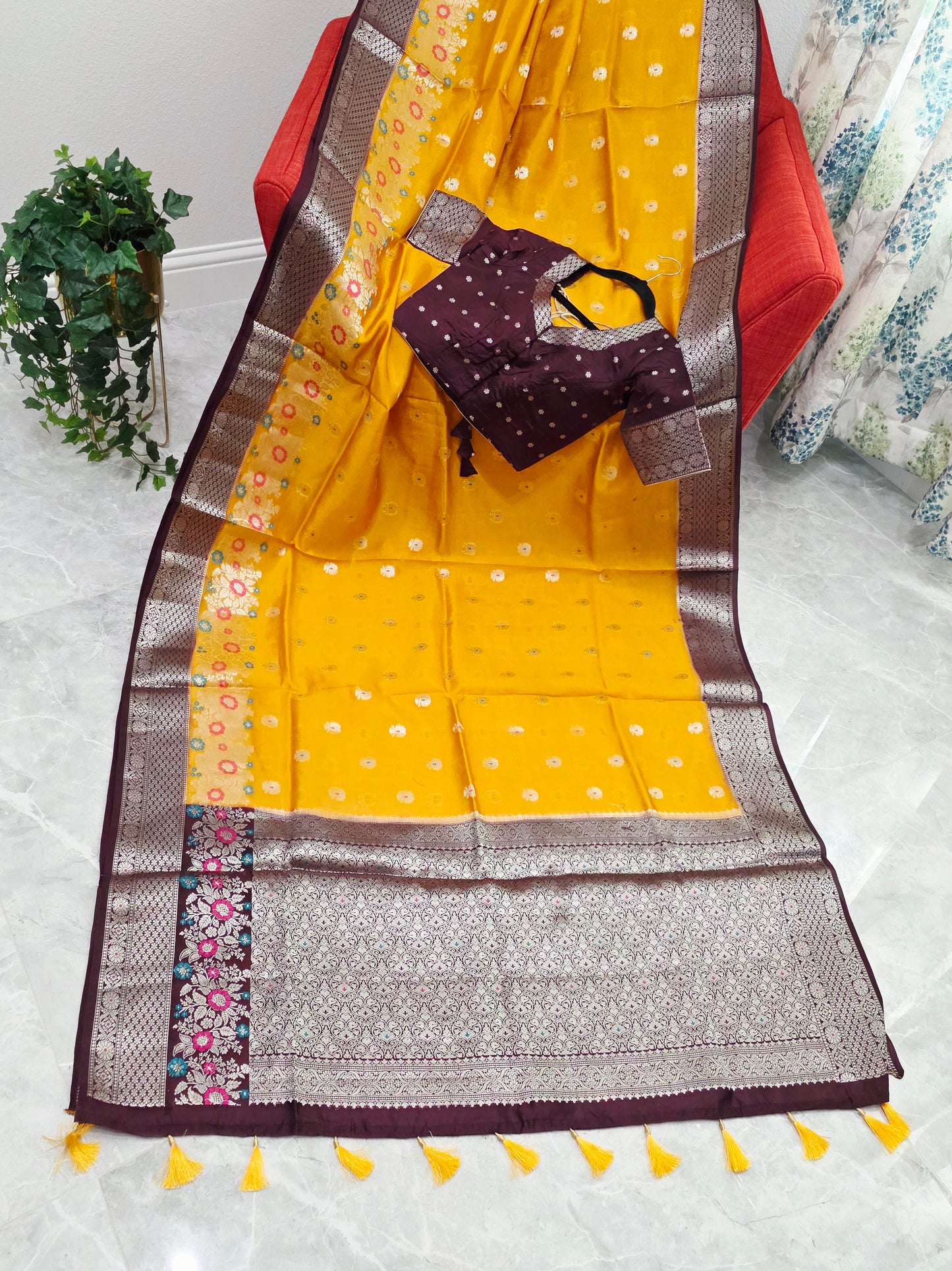 Haldi Gold Semi  Mango Silk Saree with Wine Brown Zari Border & Stitched Blouse
