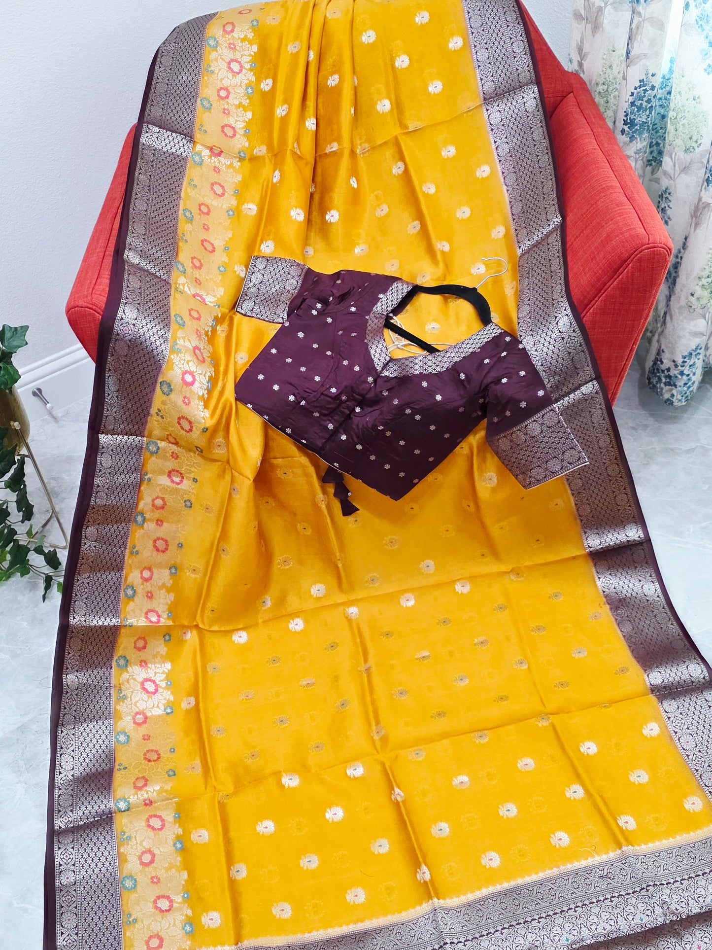 Haldi Gold Semi  Mango Silk Saree with Wine Brown Zari Border & Stitched Blouse