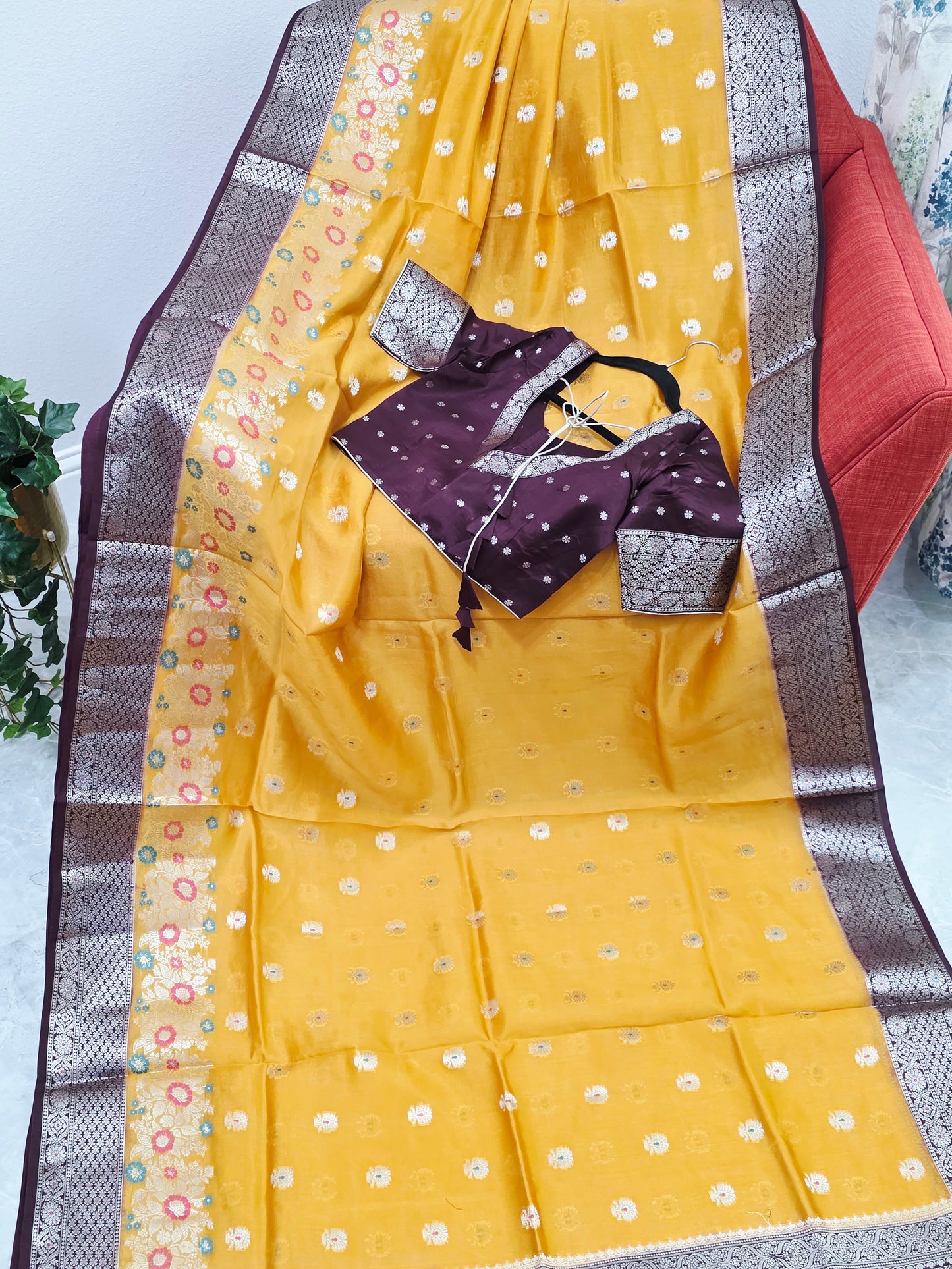 Haldi Gold Semi  Mango Silk Saree with Wine Brown Zari Border & Stitched Blouse