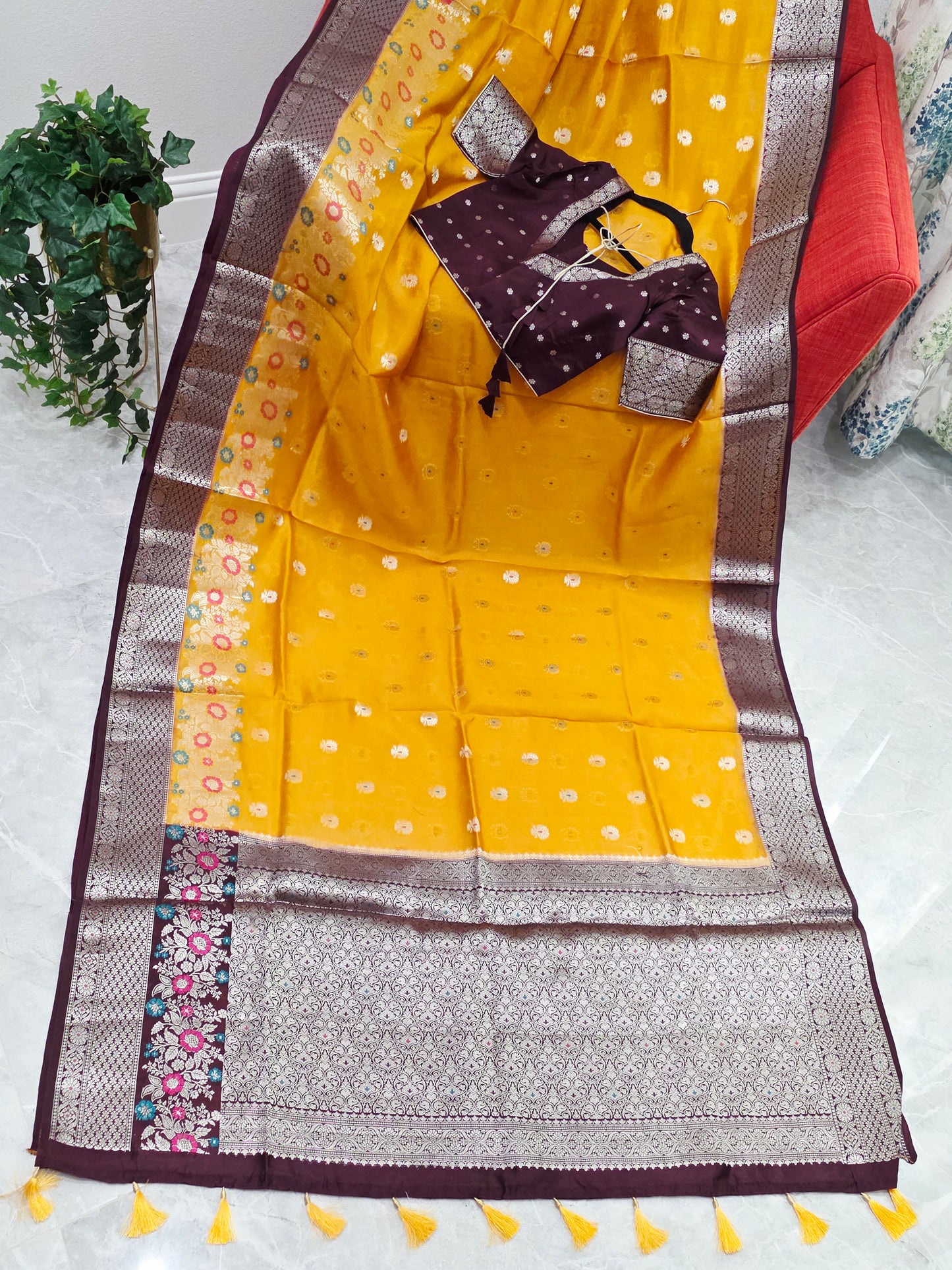 Haldi Gold Semi  Mango Silk Saree with Wine Brown Zari Border & Stitched Blouse