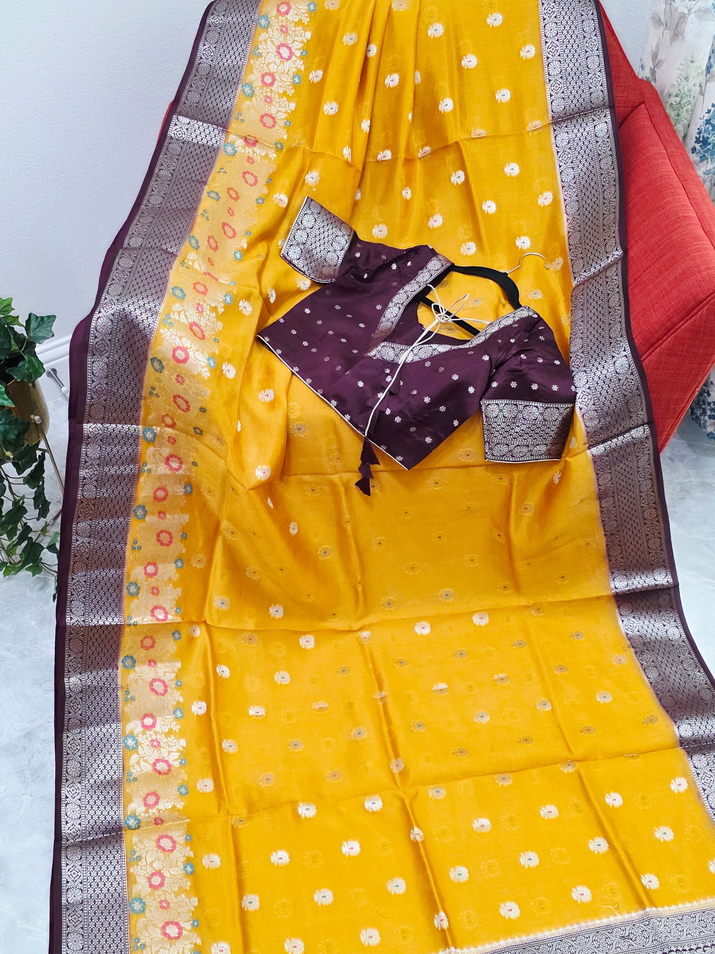 Haldi Gold Semi  Mango Silk Saree with Wine Brown Zari Border & Stitched Blouse