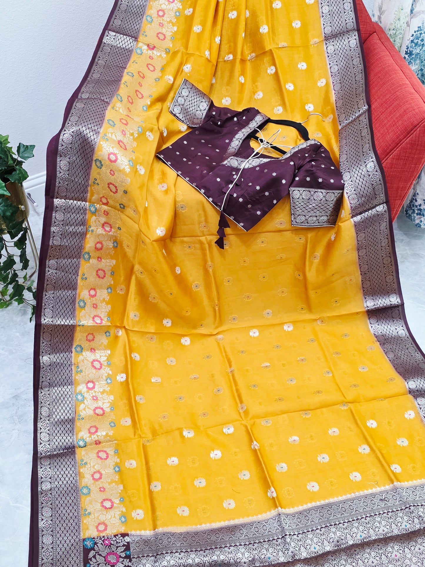 Haldi Gold Semi  Mango Silk Saree with Wine Brown Zari Border & Stitched Blouse
