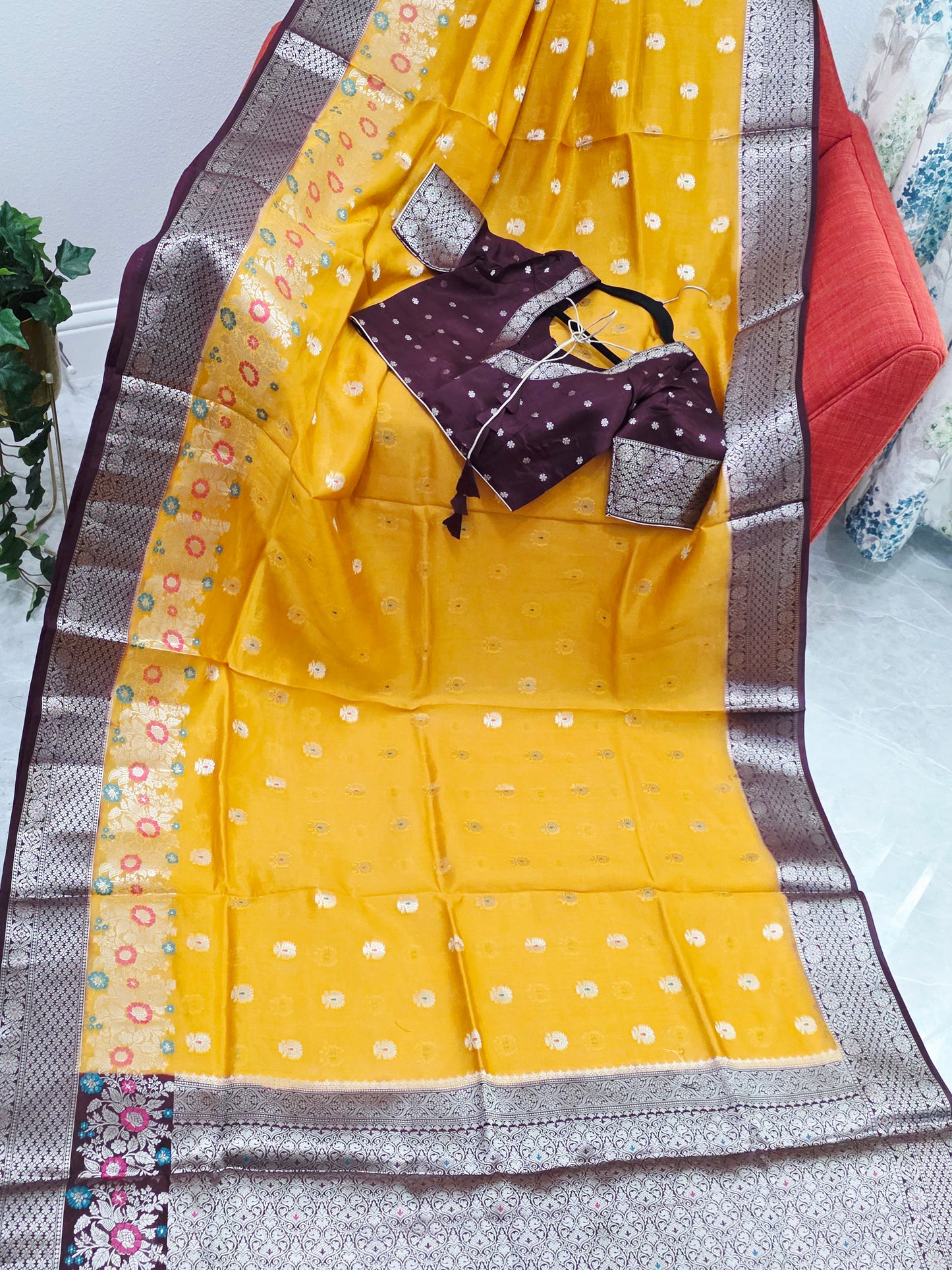 Haldi Gold Semi  Mango Silk Saree with Wine Brown Zari Border & Stitched Blouse