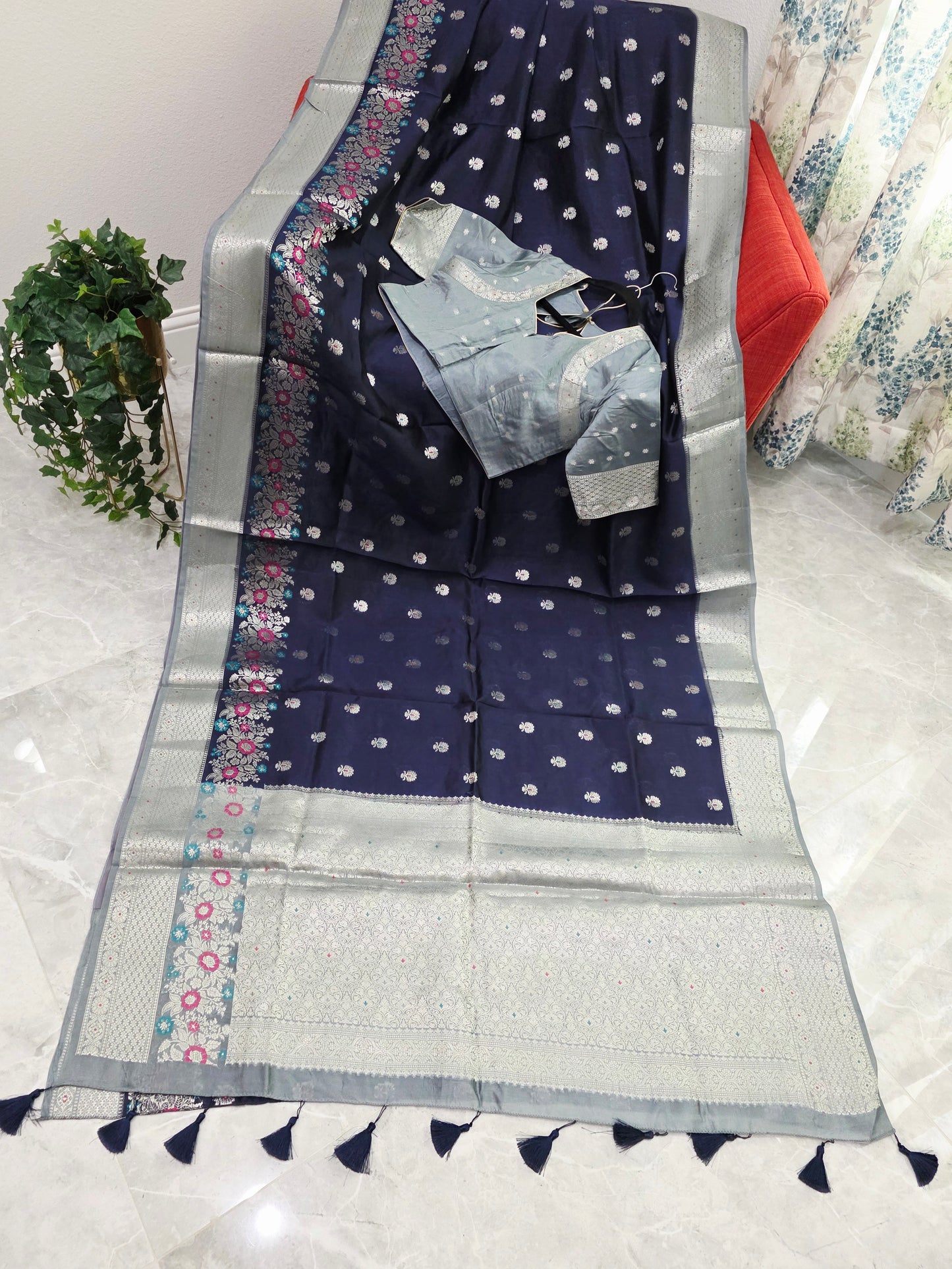 Midnight Navy Semi Mango Silk Saree with Mist Silver Zari Border & Stitched Blouse