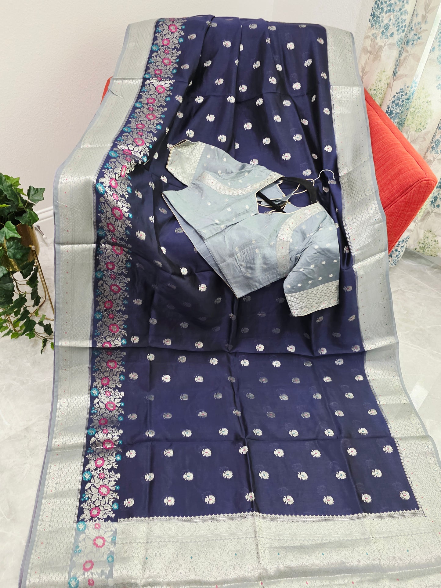 Midnight Navy Semi Mango Silk Saree with Mist Silver Zari Border & Stitched Blouse