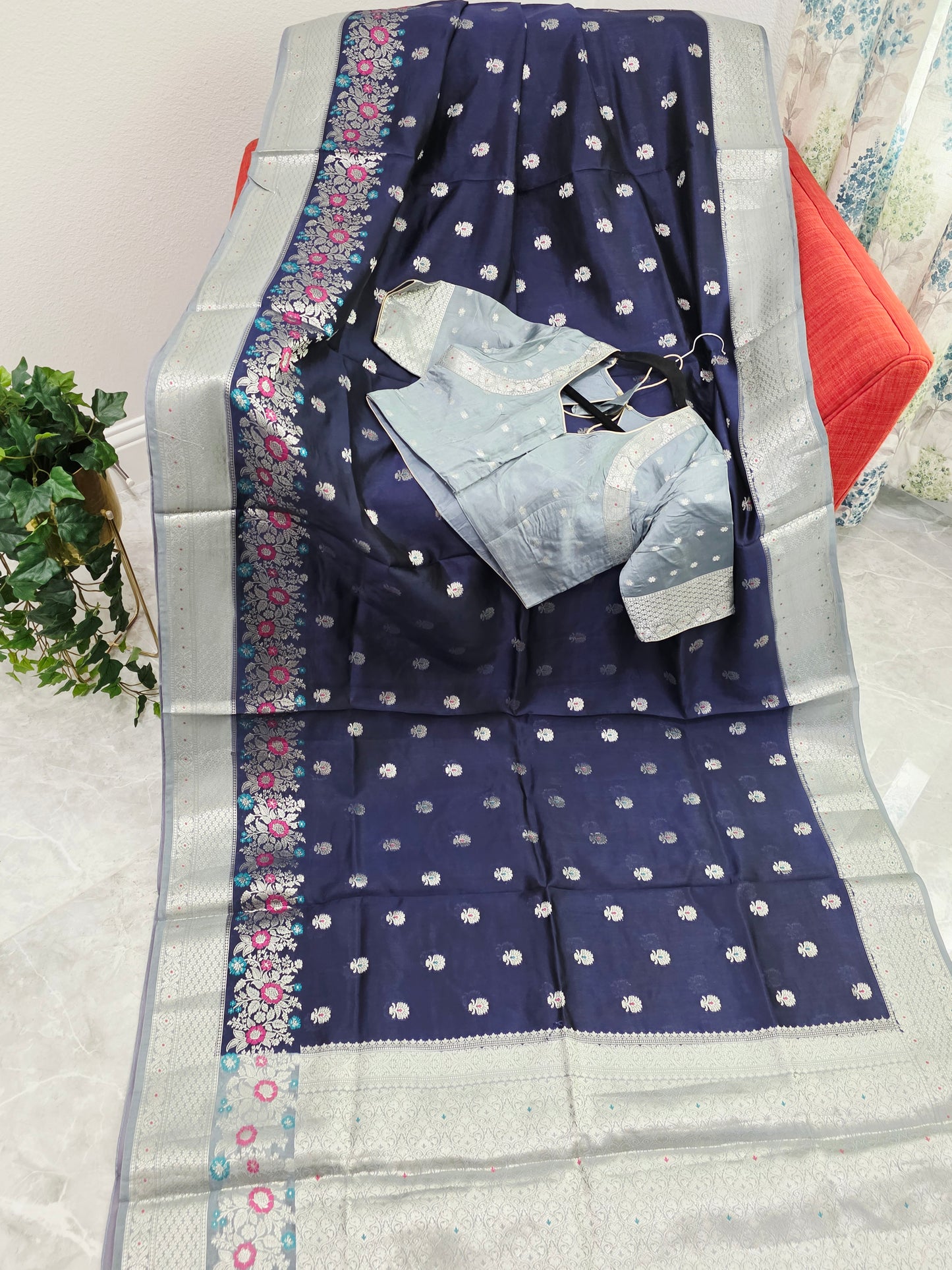 Midnight Navy Semi Mango Silk Saree with Mist Silver Zari Border & Stitched Blouse