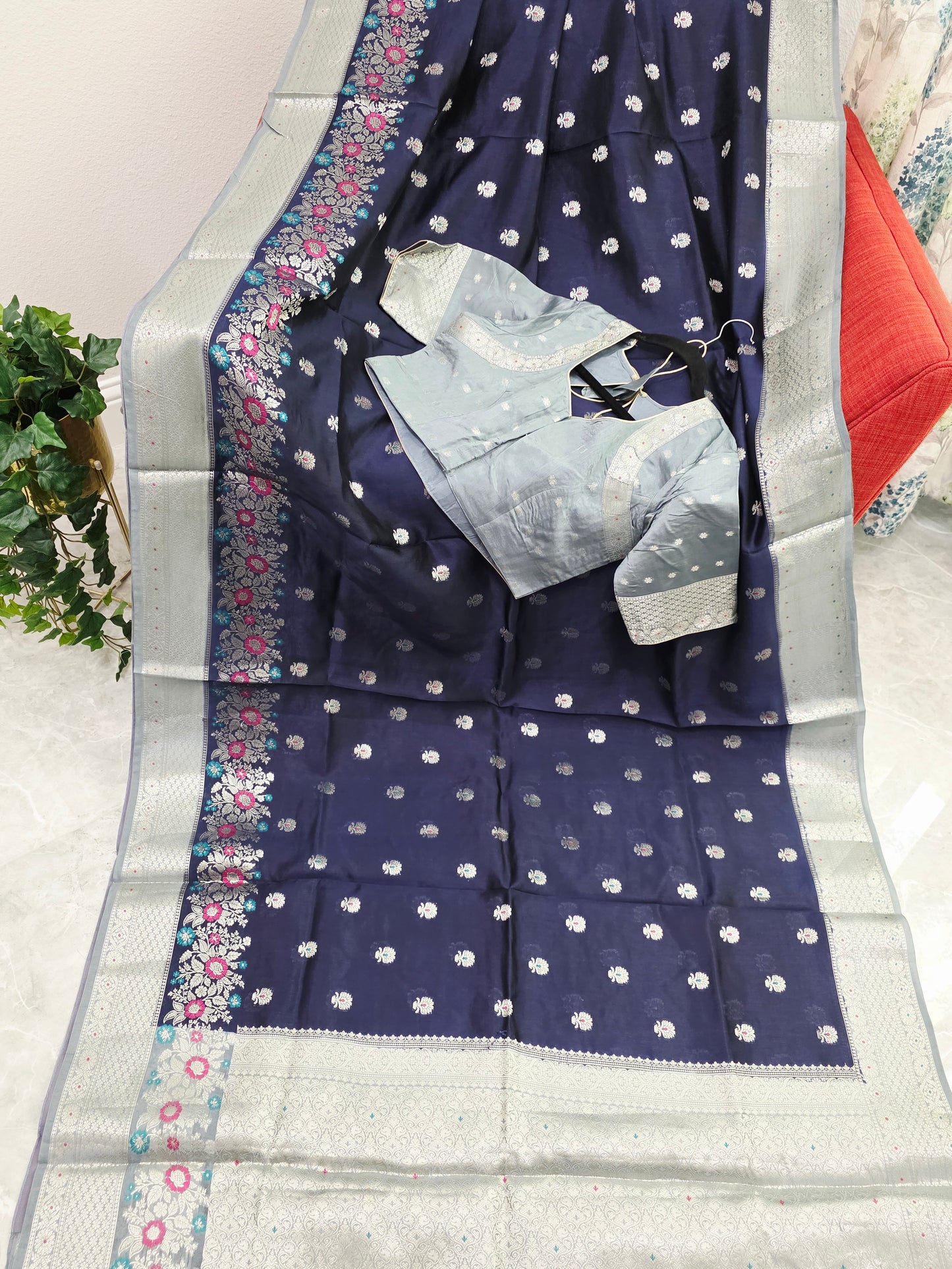 Midnight Navy Semi Mango Silk Saree with Mist Silver Zari Border & Stitched Blouse