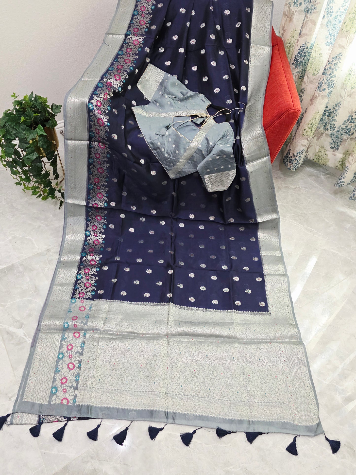 Midnight Navy Semi Mango Silk Saree with Mist Silver Zari Border & Stitched Blouse