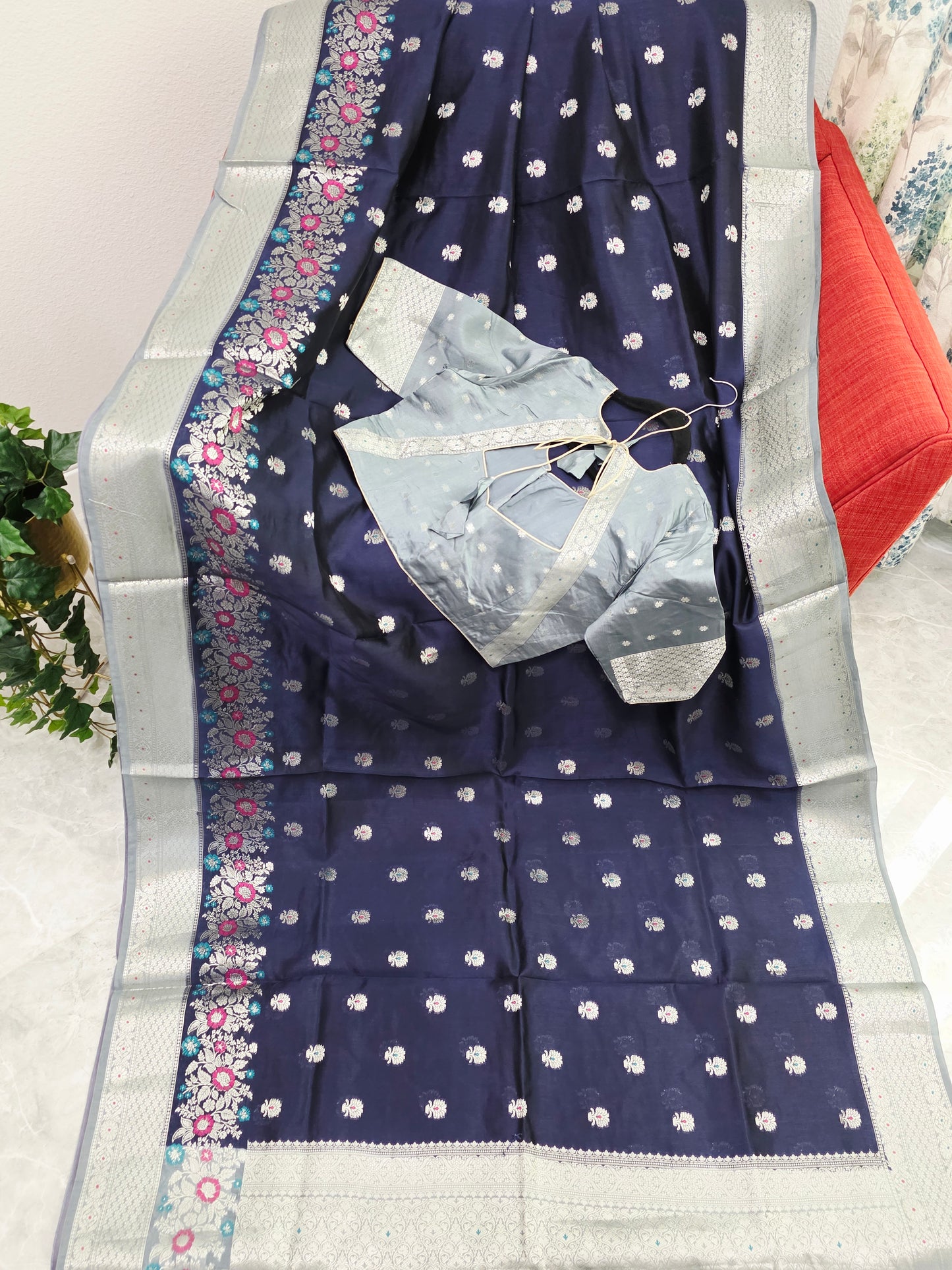 Midnight Navy Semi Mango Silk Saree with Mist Silver Zari Border & Stitched Blouse
