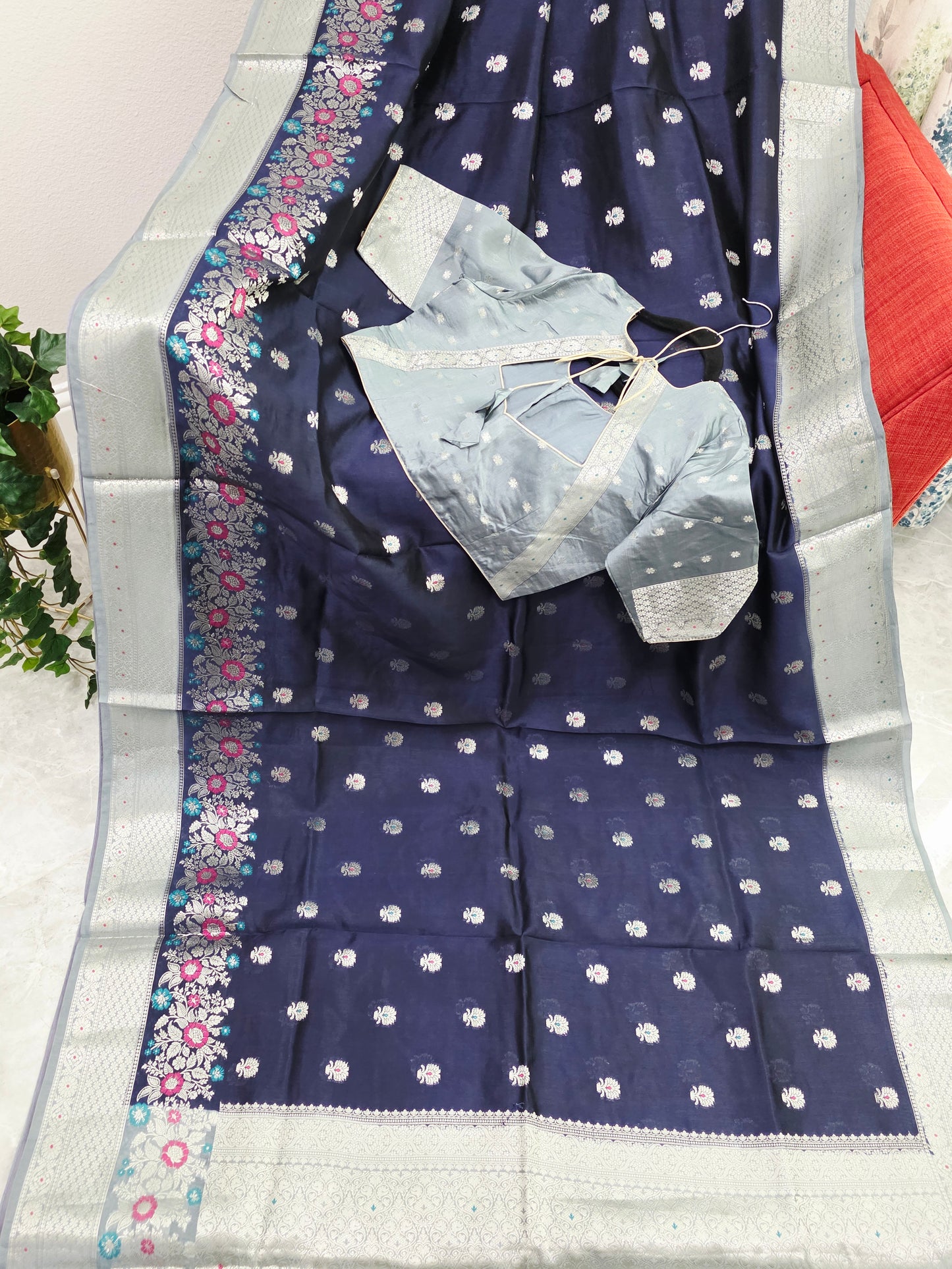 Midnight Navy Semi Mango Silk Saree with Mist Silver Zari Border & Stitched Blouse