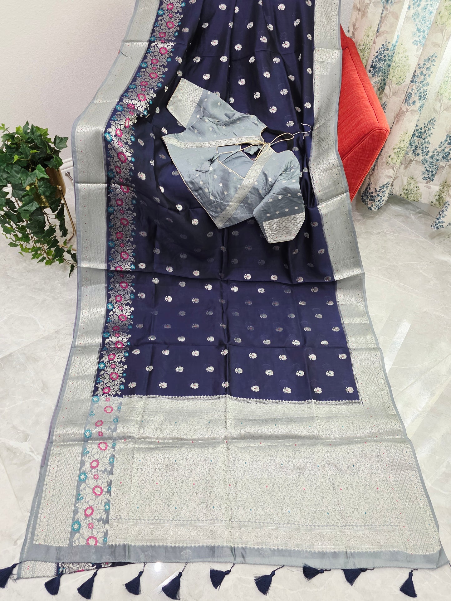 Midnight Navy Semi Mango Silk Saree with Mist Silver Zari Border & Stitched Blouse