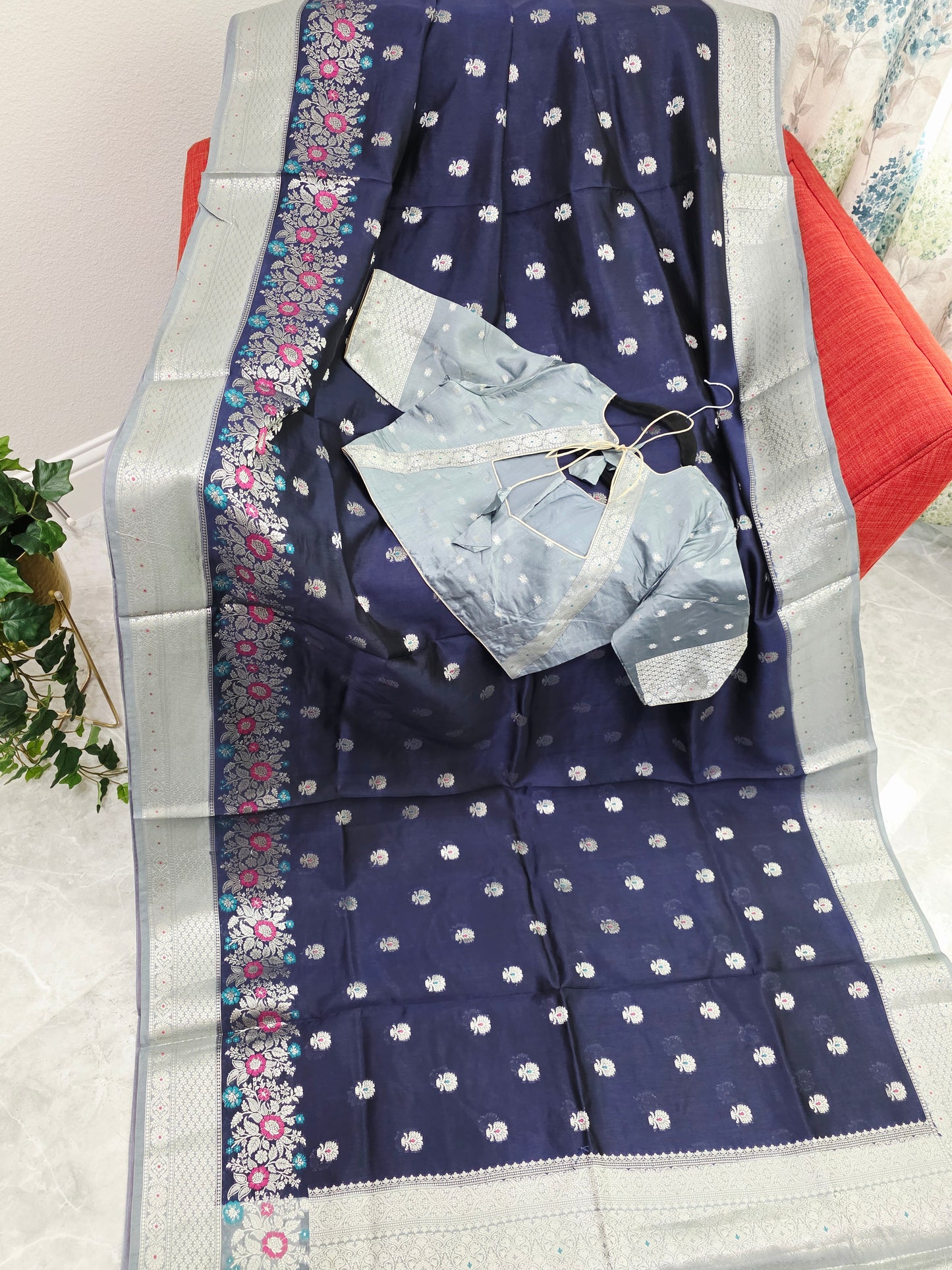 Midnight Navy Semi Mango Silk Saree with Mist Silver Zari Border & Stitched Blouse