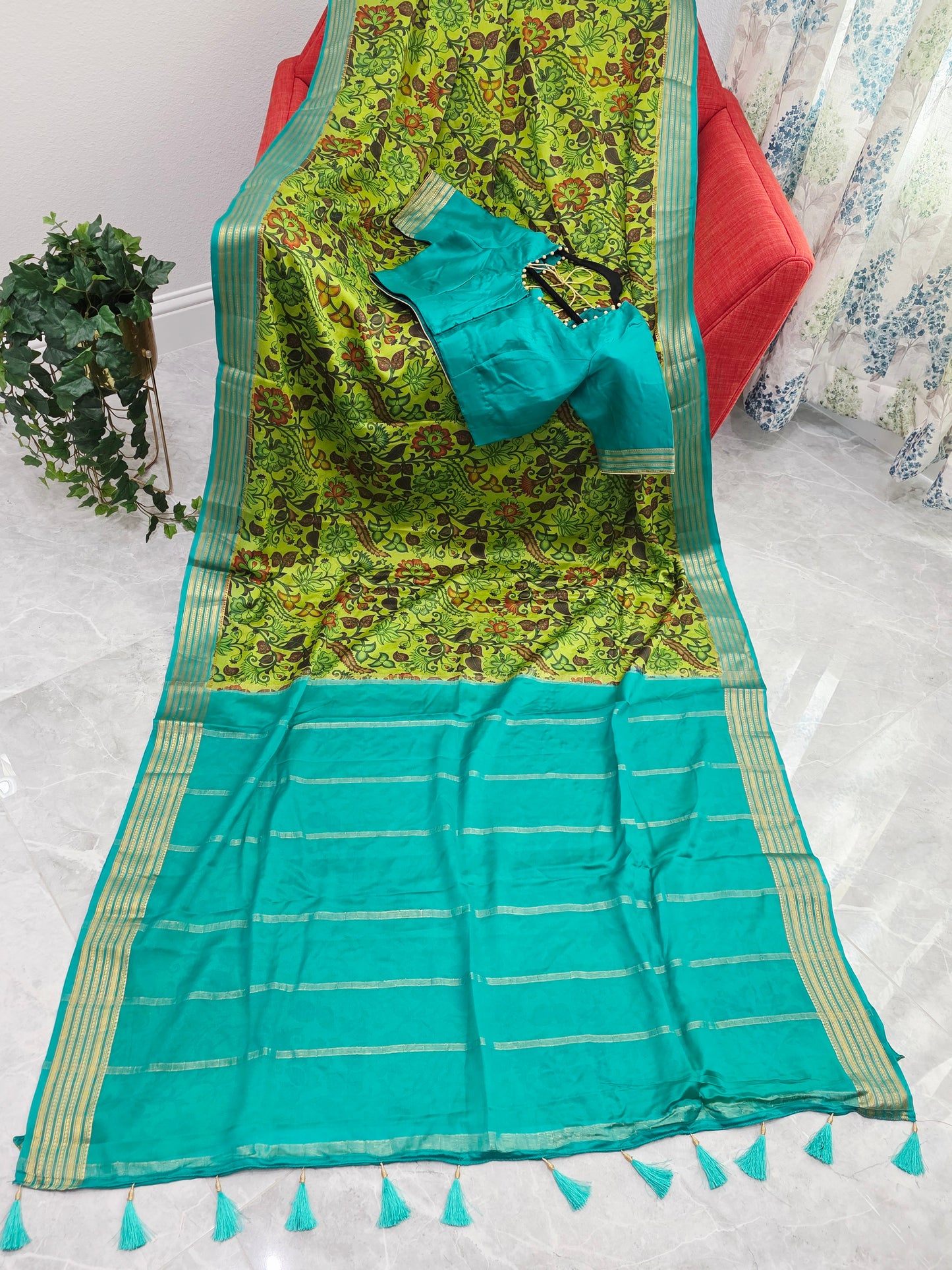 Parrot Green & Aqua Blue Pure Mysore Crepe Silk Kalamkari Print Saree with Stitched Blouse
