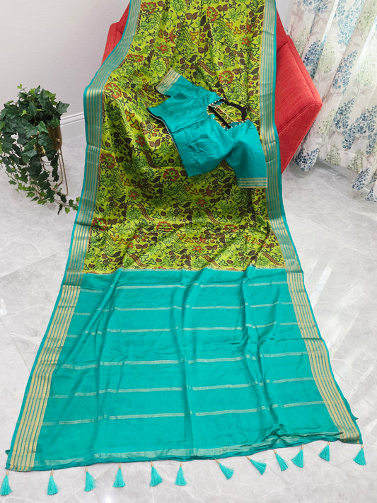 Parrot Green & Aqua Blue Pure Mysore Crepe Silk Kalamkari Print Saree with Stitched Blouse