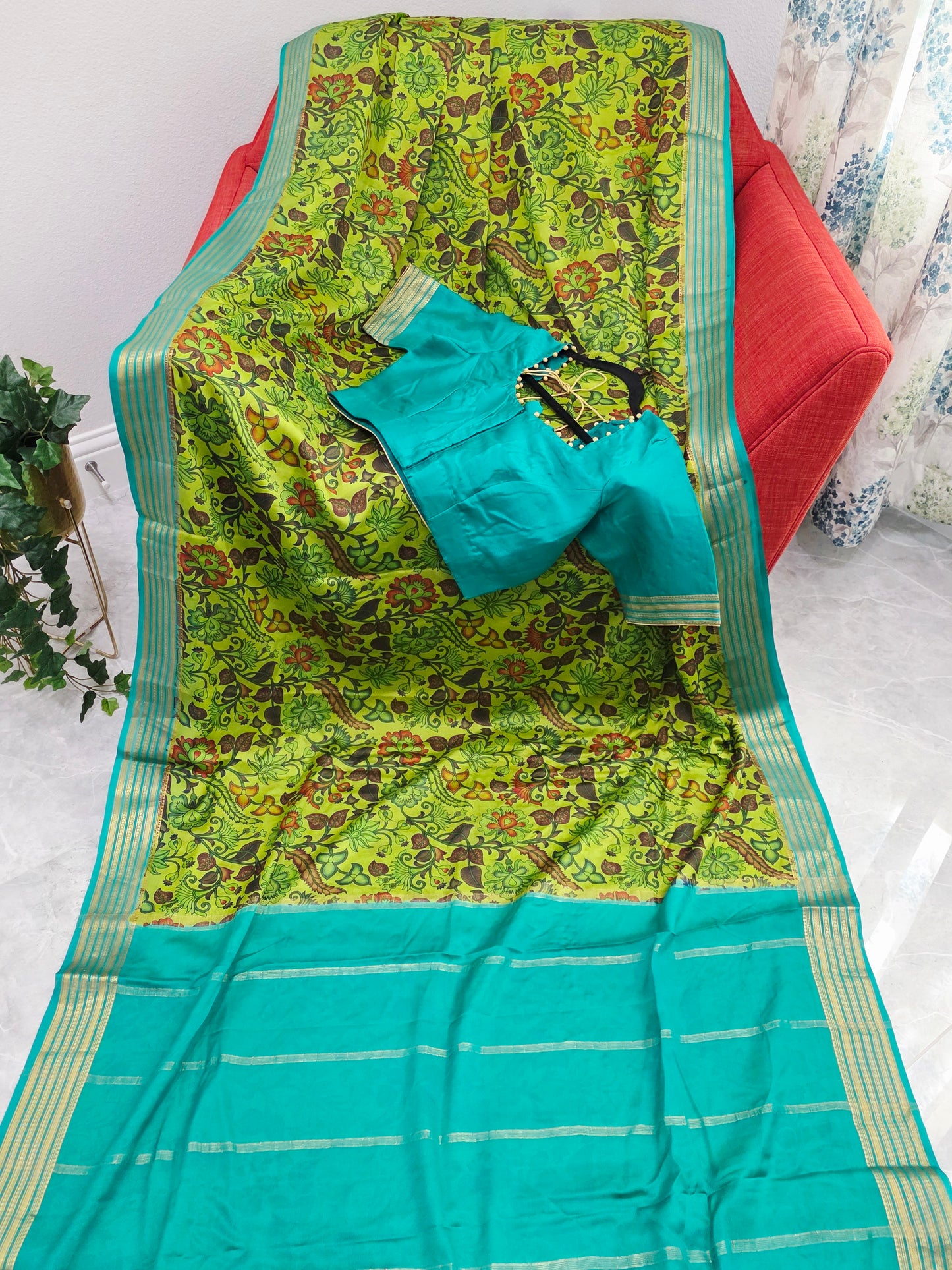 Parrot Green & Aqua Blue Pure Mysore Crepe Silk Kalamkari Print Saree with Stitched Blouse