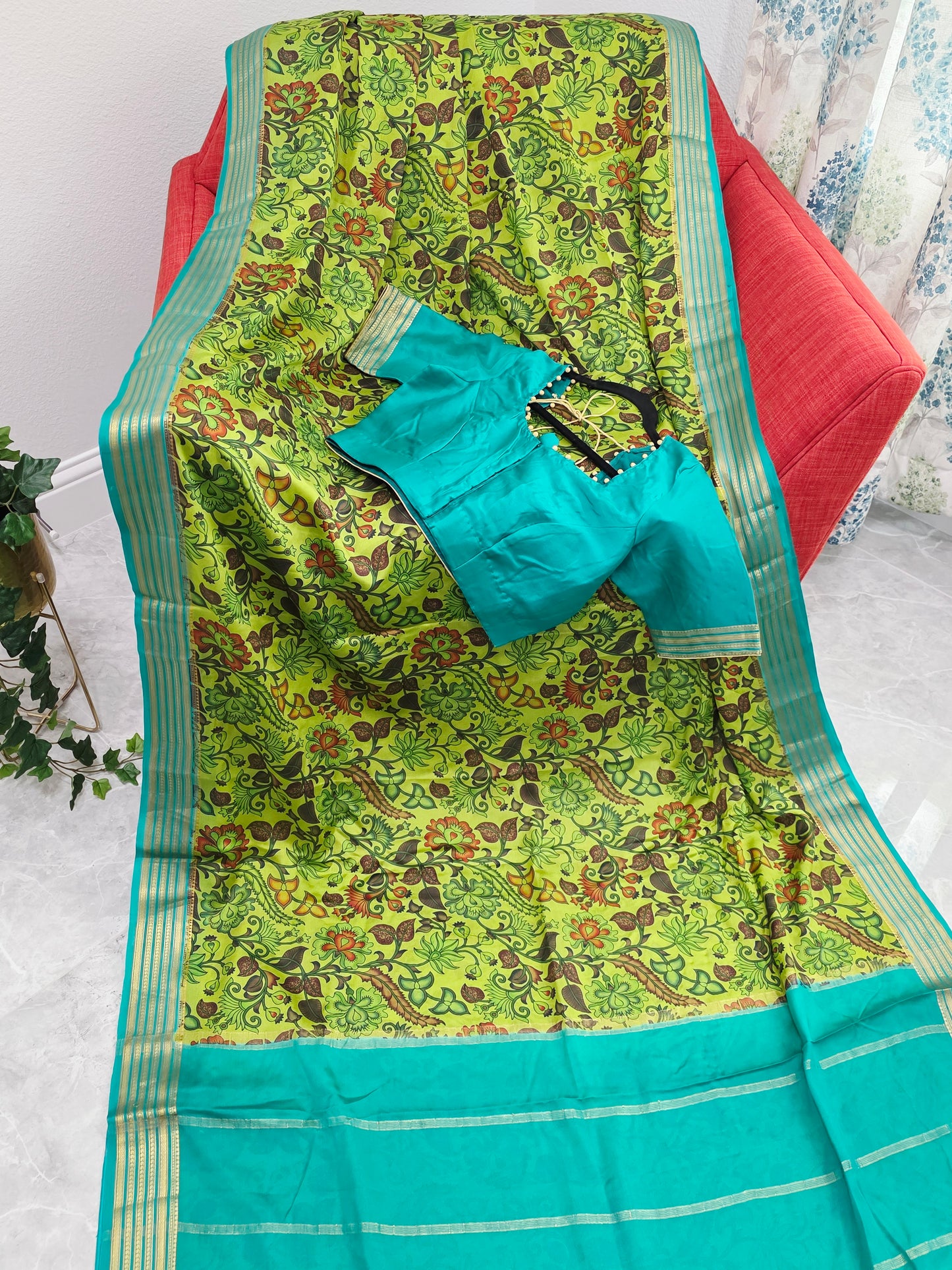 Parrot Green & Aqua Blue Pure Mysore Crepe Silk Kalamkari Print Saree with Stitched Blouse