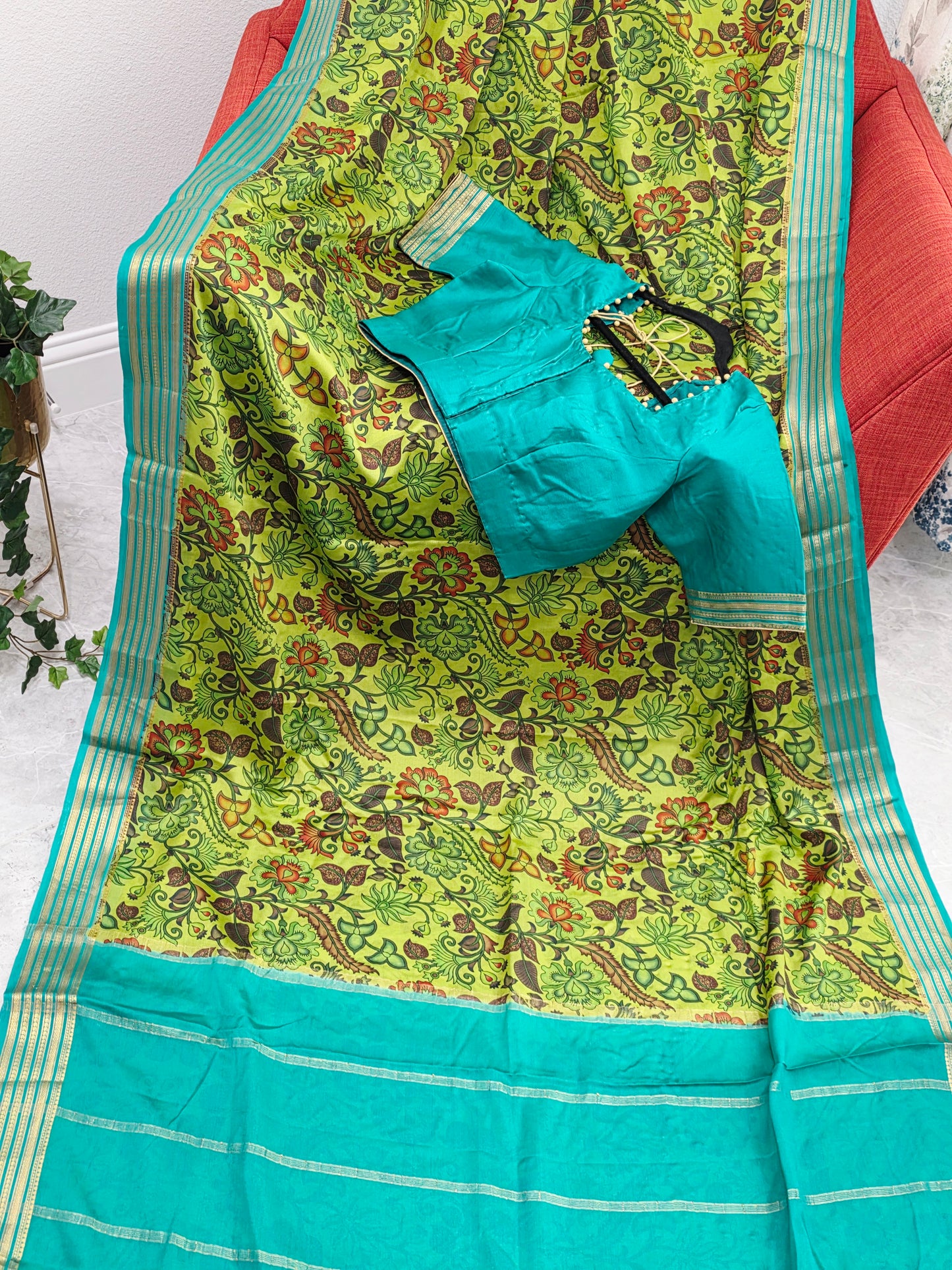 Parrot Green & Aqua Blue Pure Mysore Crepe Silk Kalamkari Print Saree with Stitched Blouse