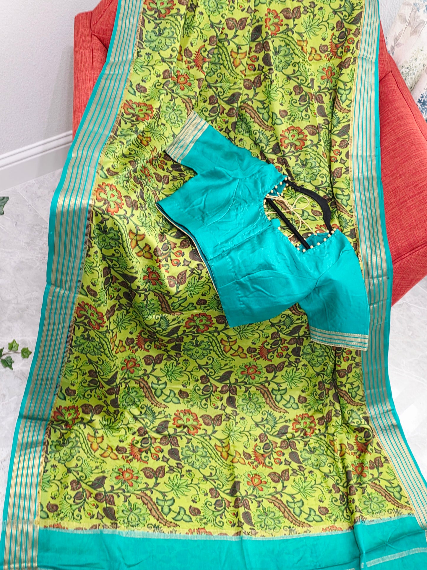 Parrot Green & Aqua Blue Pure Mysore Crepe Silk Kalamkari Print Saree with Stitched Blouse