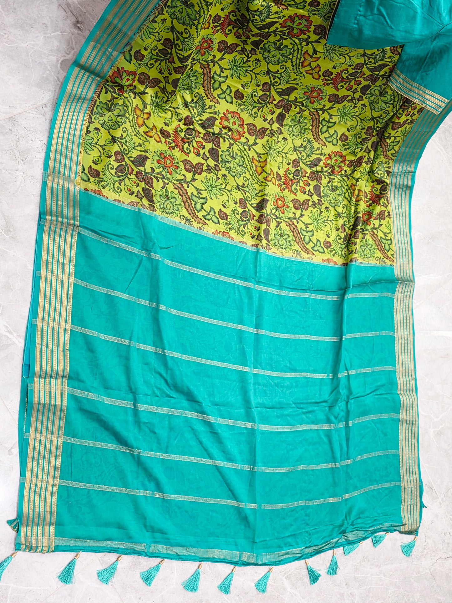 Parrot Green & Aqua Blue Pure Mysore Crepe Silk Kalamkari Print Saree with Stitched Blouse