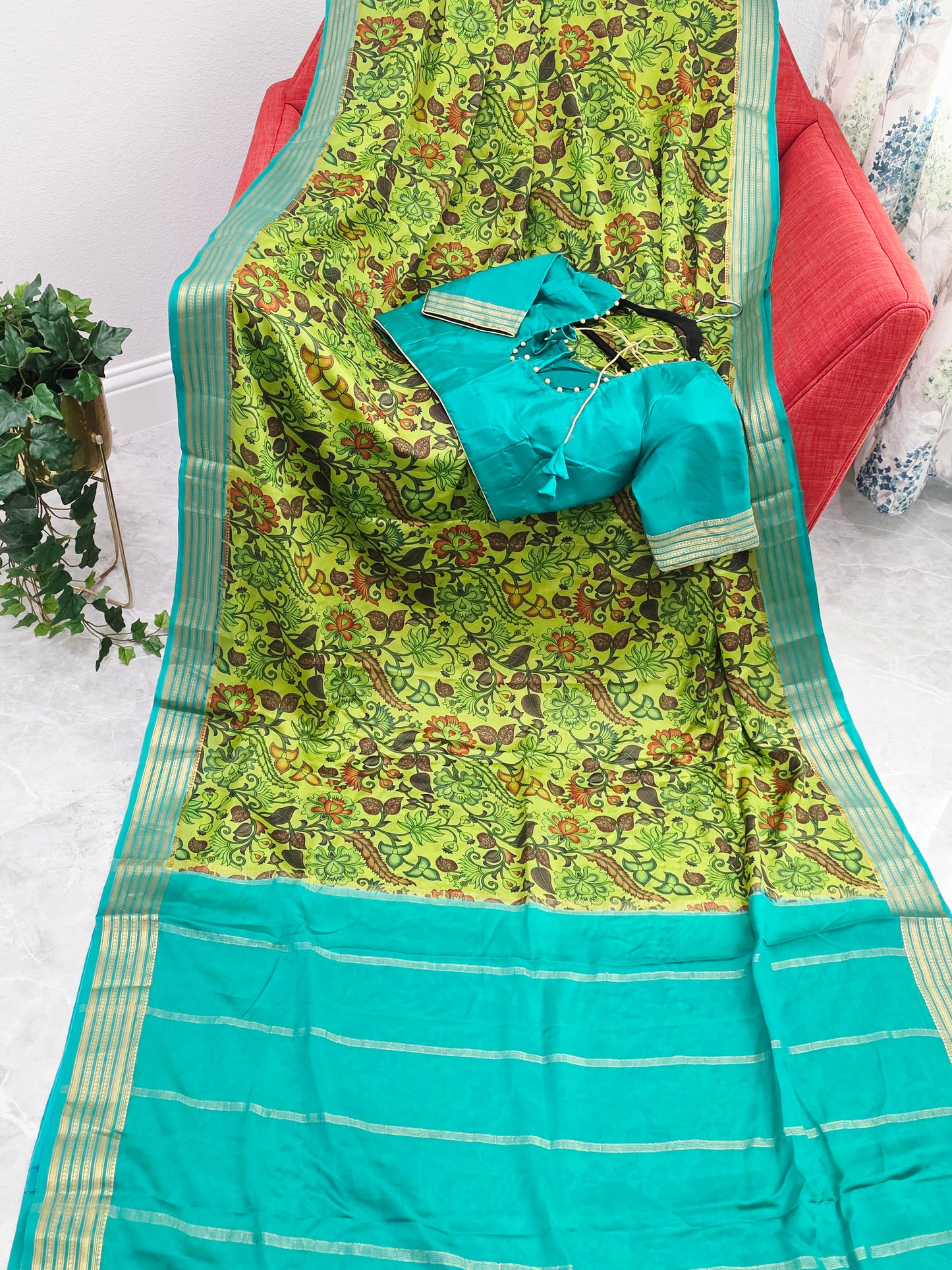 Parrot Green & Aqua Blue Pure Mysore Crepe Silk Kalamkari Print Saree with Stitched Blouse