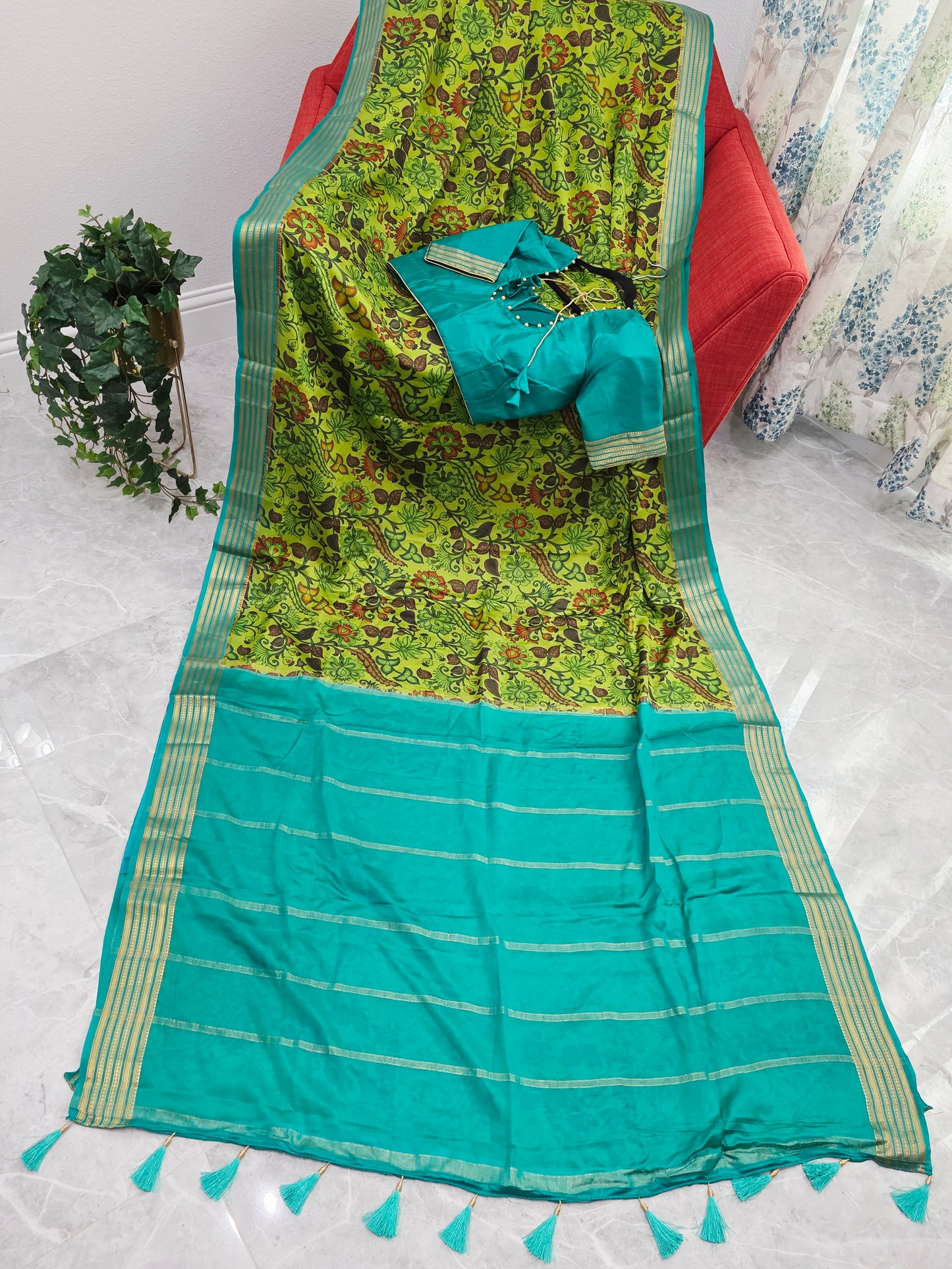 Parrot Green & Aqua Blue Pure Mysore Crepe Silk Kalamkari Print Saree with Stitched Blouse