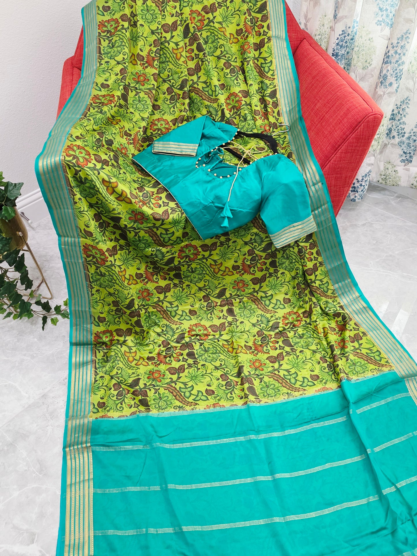 Parrot Green & Aqua Blue Pure Mysore Crepe Silk Kalamkari Print Saree with Stitched Blouse