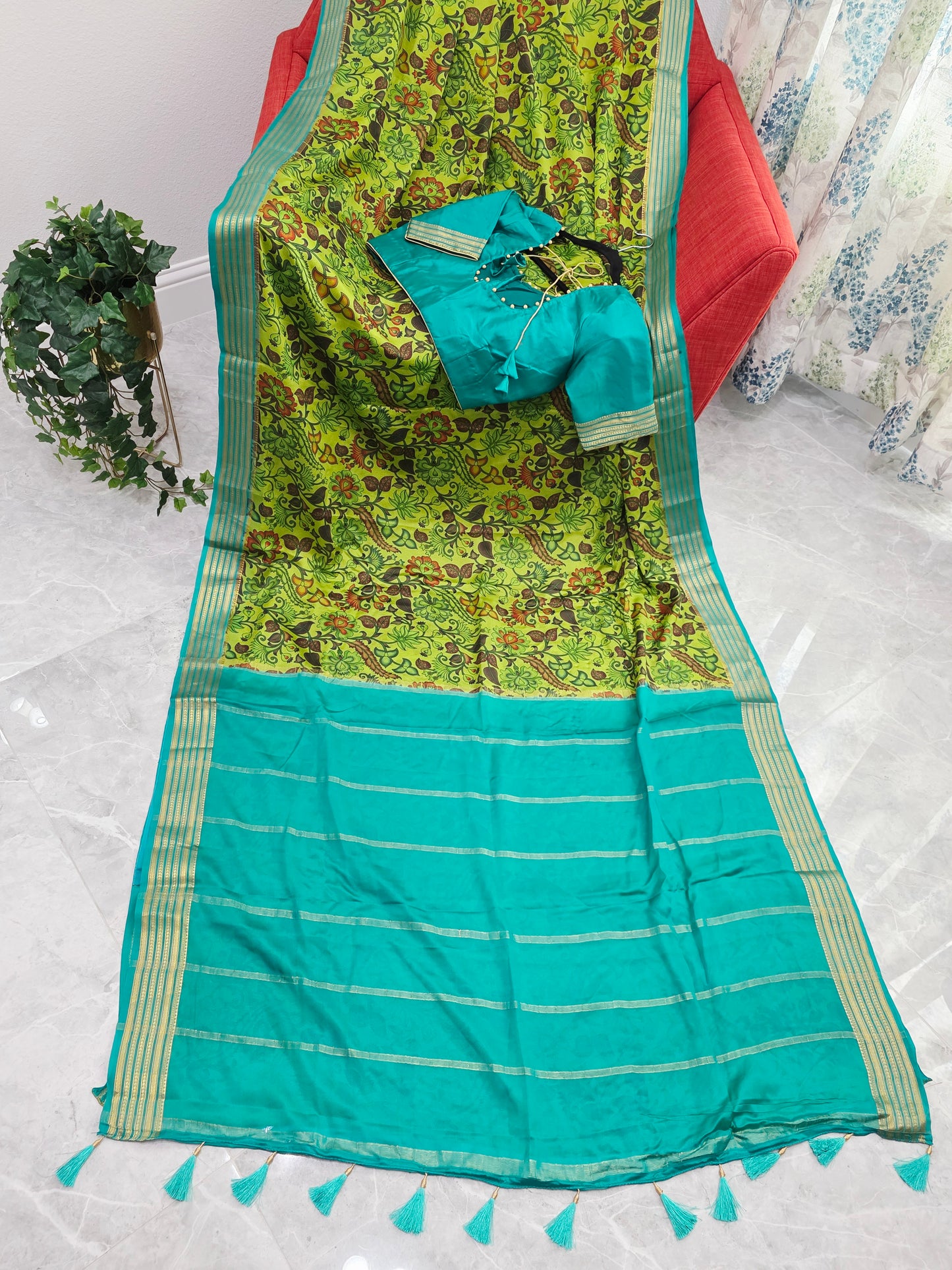 Parrot Green & Aqua Blue Pure Mysore Crepe Silk Kalamkari Print Saree with Stitched Blouse