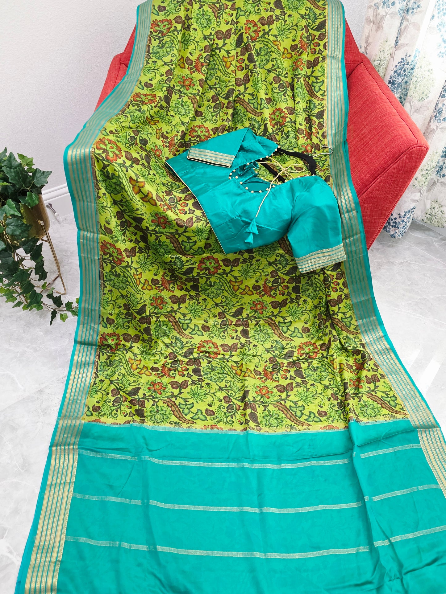 Parrot Green & Aqua Blue Pure Mysore Crepe Silk Kalamkari Print Saree with Stitched Blouse