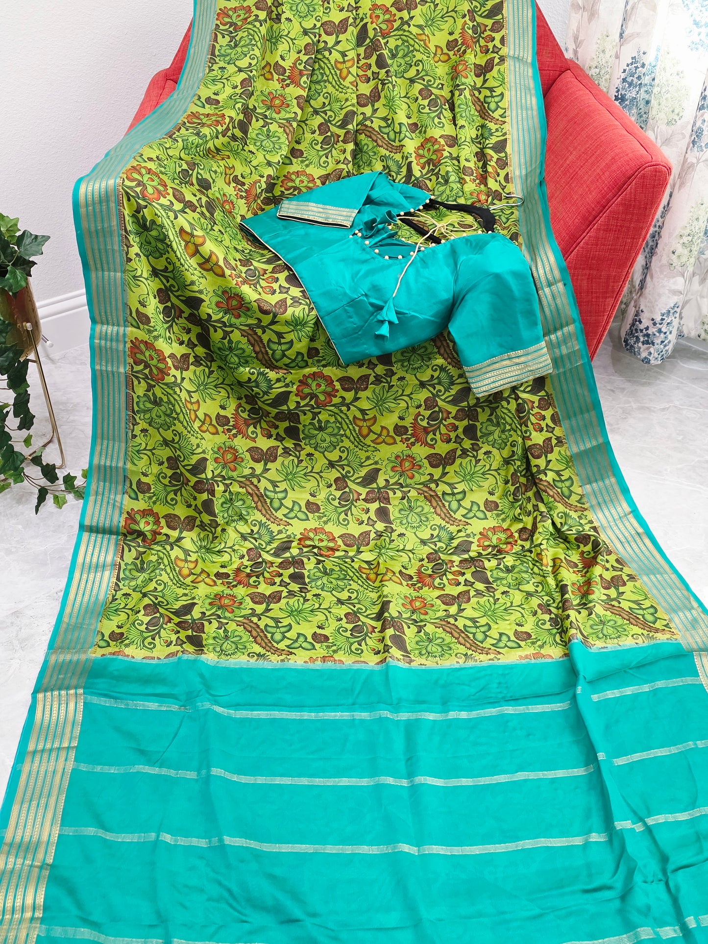 Parrot Green & Aqua Blue Pure Mysore Crepe Silk Kalamkari Print Saree with Stitched Blouse
